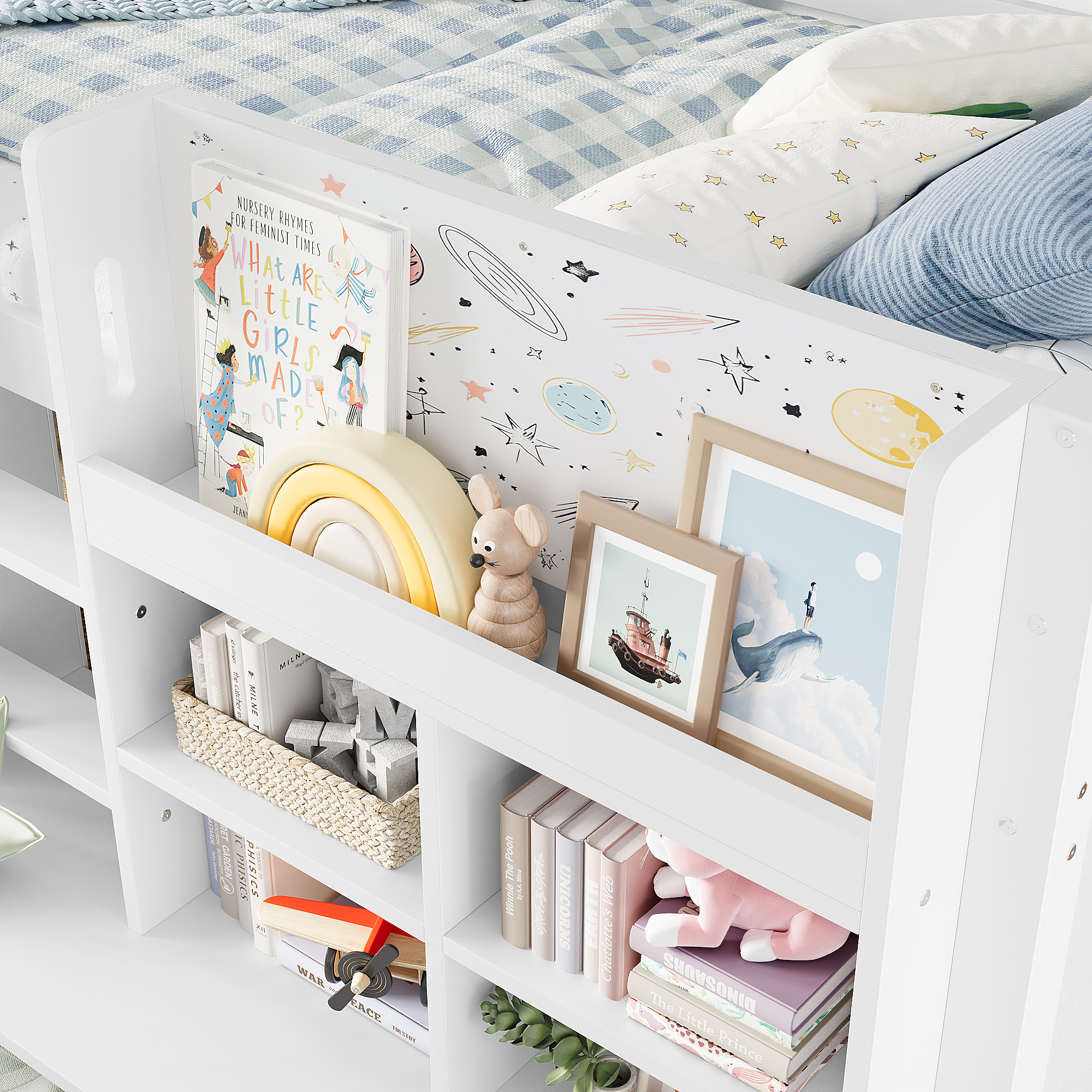 Twin Size Loft Bed with Multi-storage Shelves and Storage, Low Loft Bed with Curtain under the Bed and Chalkboard, No Box Spring Needed, White - Image 4