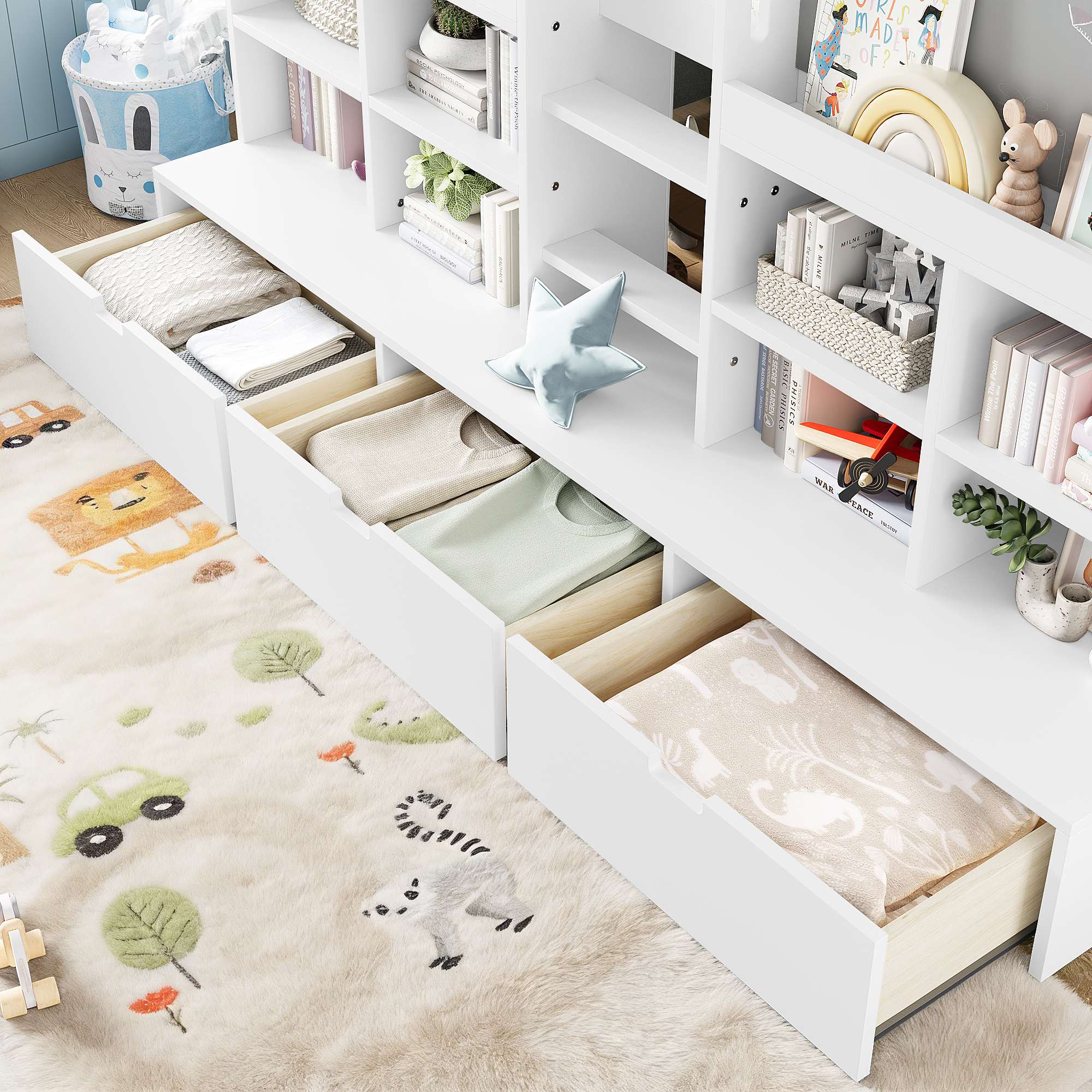 Twin Size Loft Bed with Multi-storage Shelves and Storage, Low Loft Bed with Curtain under the Bed and Chalkboard, No Box Spring Needed, White - Image 5