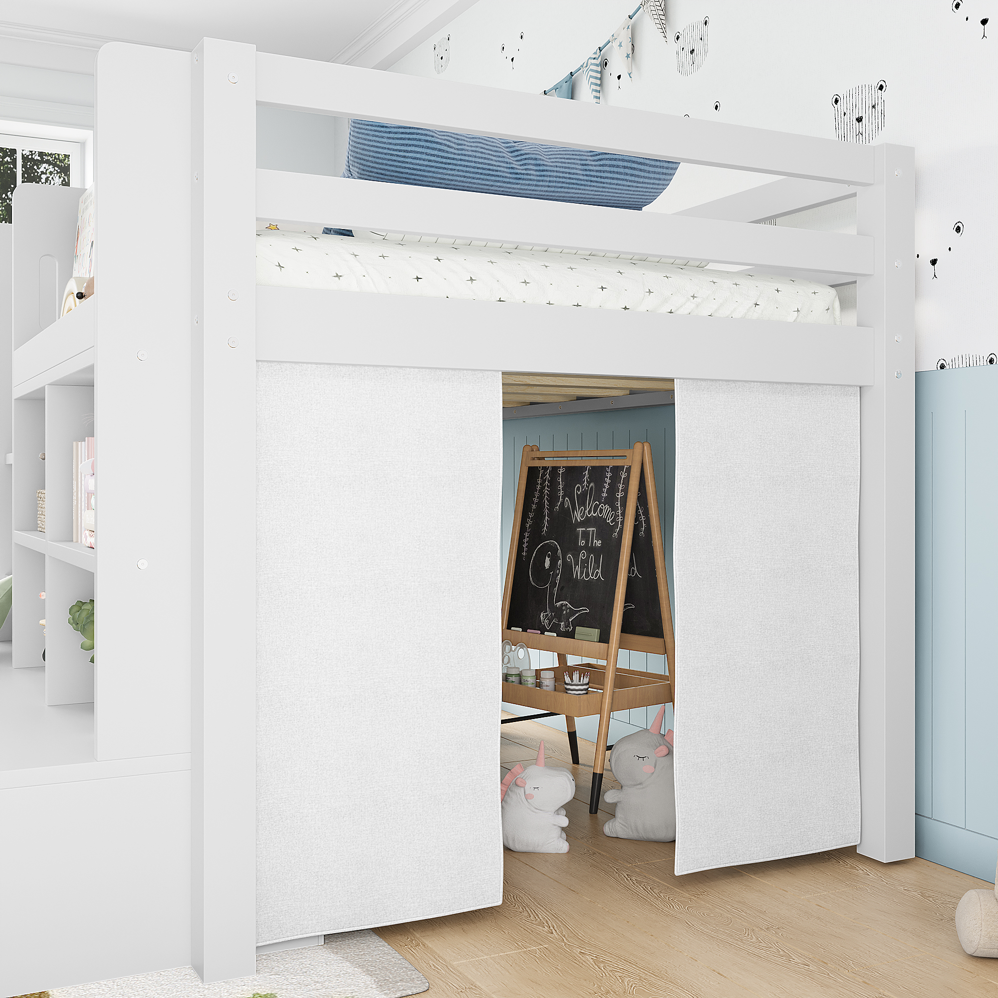 Twin Size Loft Bed with Multi-storage Shelves and Storage, Low Loft Bed with Curtain under the Bed and Chalkboard, No Box Spring Needed, White - Image 6