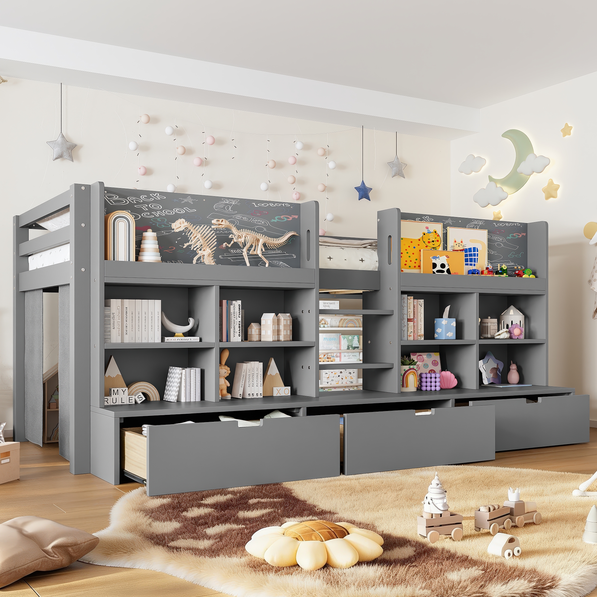 Twin XL Size Loft Bed with Multi-storage Shelves and Storage, Low Loft Bed with Curtain under the Bed and Chalkboard, No Box Spring Needed, Gray