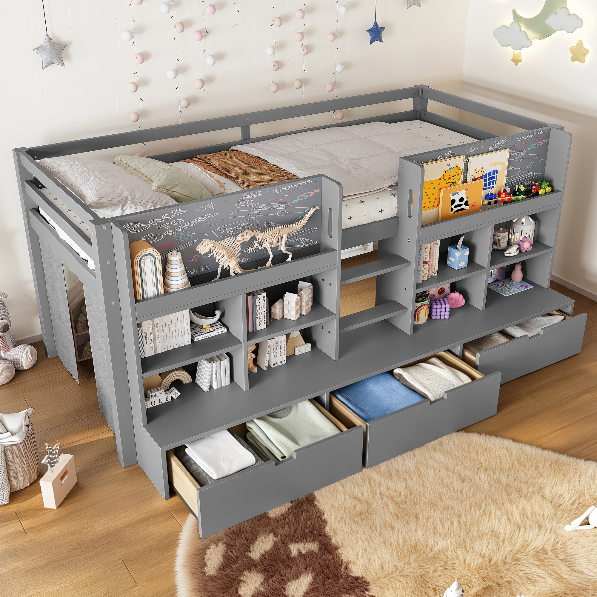 Twin XL Size Loft Bed with Multi-storage Shelves and Storage, Low Loft Bed with Curtain under the Bed and Chalkboard, No Box Spring Needed, Gray - Image 2