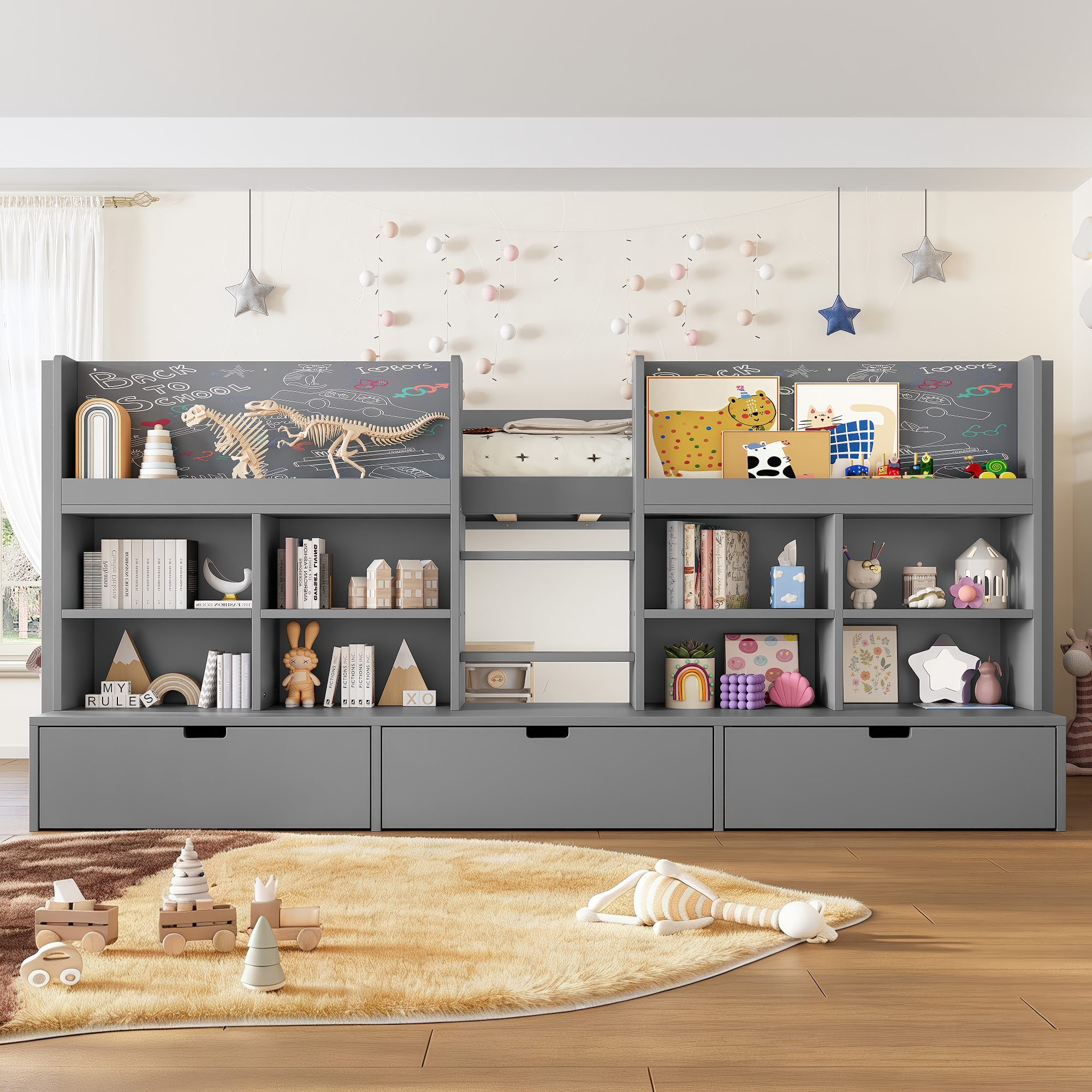 Twin XL Size Loft Bed with Multi-storage Shelves and Storage, Low Loft Bed with Curtain under the Bed and Chalkboard, No Box Spring Needed, Gray - Image 3