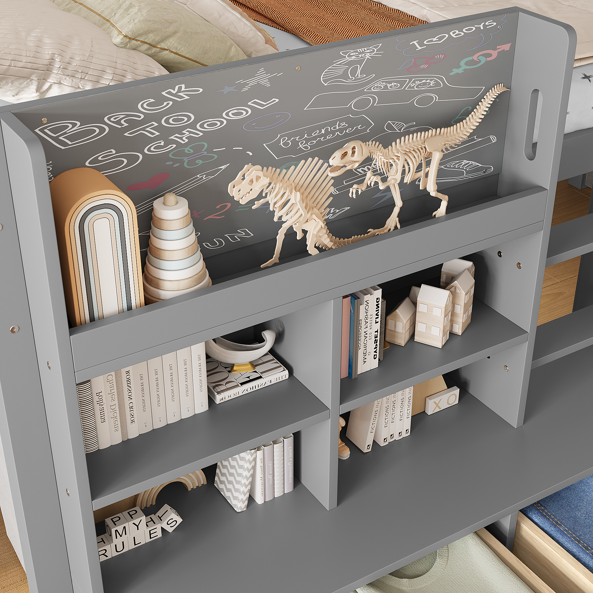 Twin XL Size Loft Bed with Multi-storage Shelves and Storage, Low Loft Bed with Curtain under the Bed and Chalkboard, No Box Spring Needed, Gray - Image 4