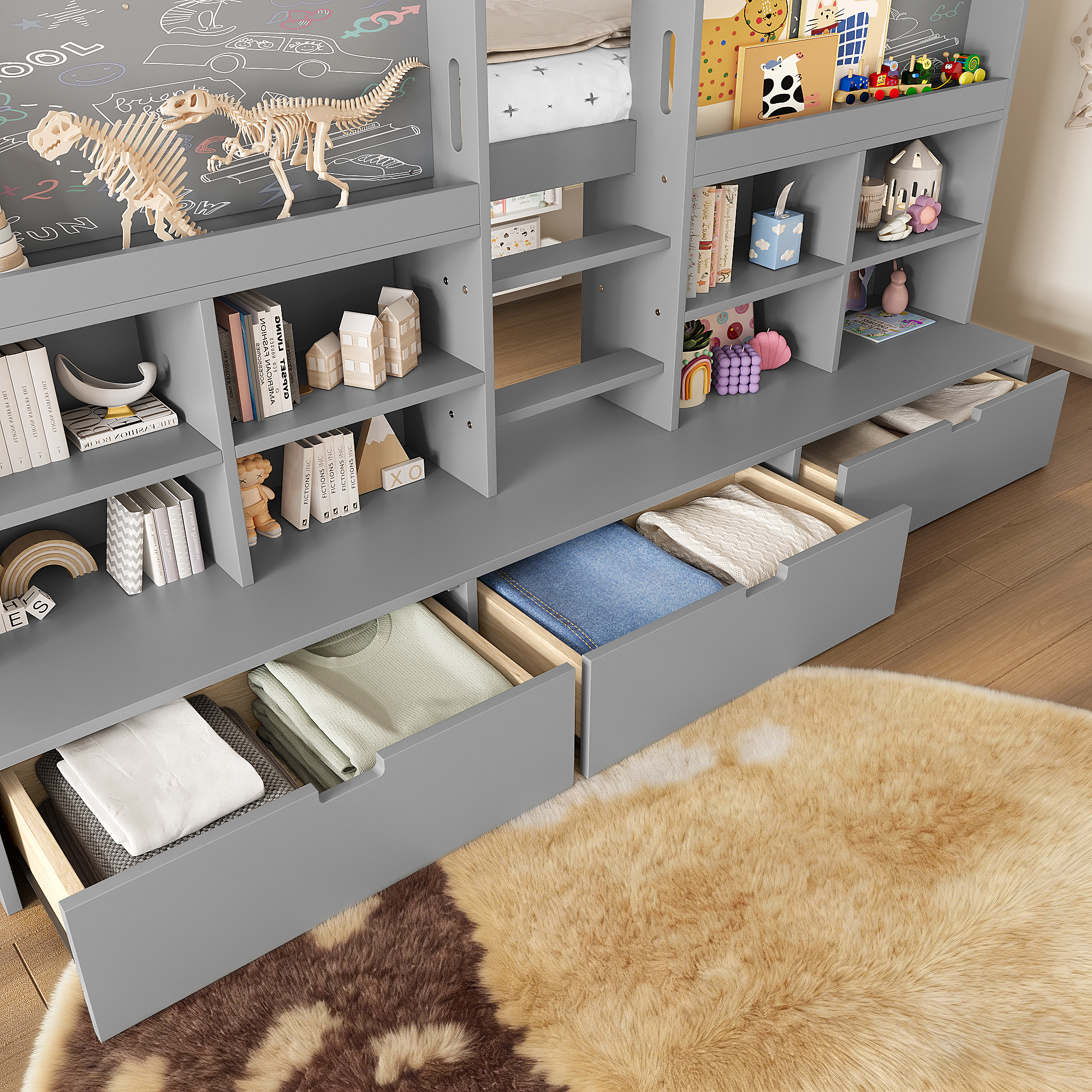 Twin XL Size Loft Bed with Multi-storage Shelves and Storage, Low Loft Bed with Curtain under the Bed and Chalkboard, No Box Spring Needed, Gray - Image 5