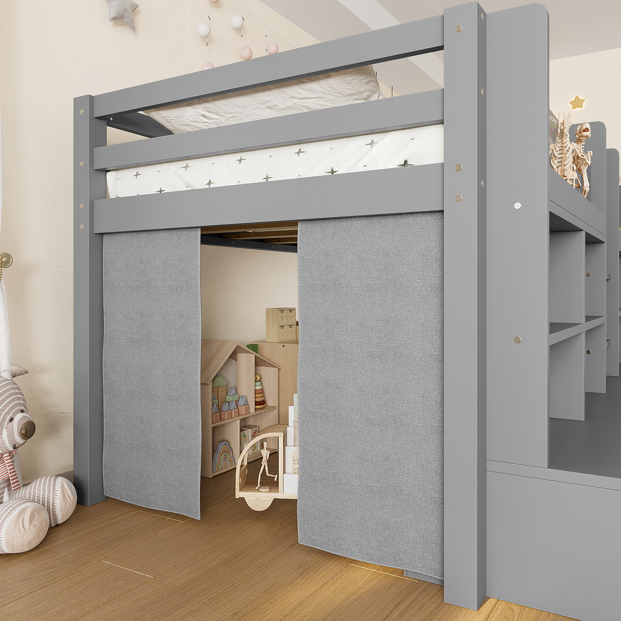 Twin XL Size Loft Bed with Multi-storage Shelves and Storage, Low Loft Bed with Curtain under the Bed and Chalkboard, No Box Spring Needed, Gray - Image 6