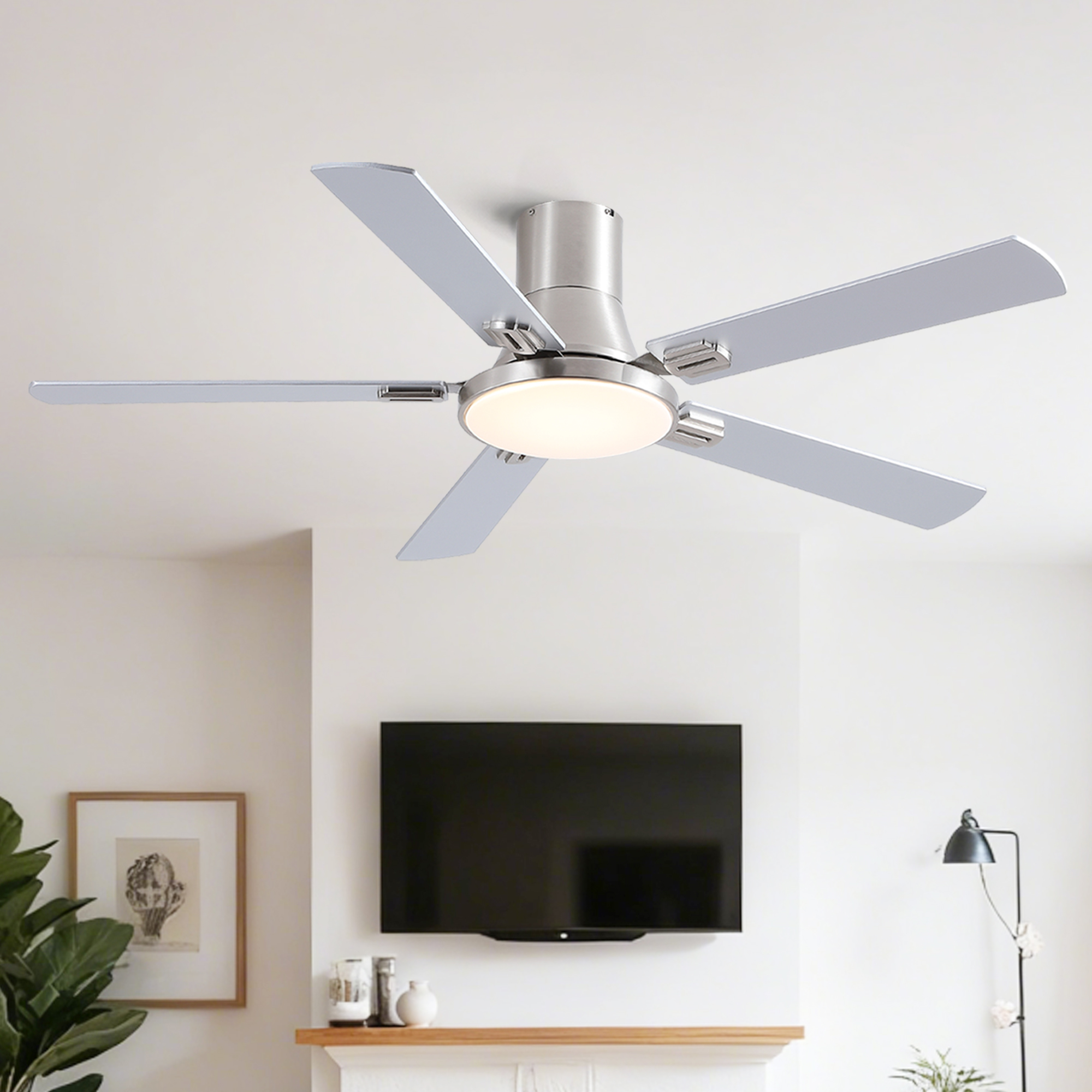 52 inch Mordern Brushed Nickel Flush Mount Ceiling Fan with Light and Remote Control - Image 2