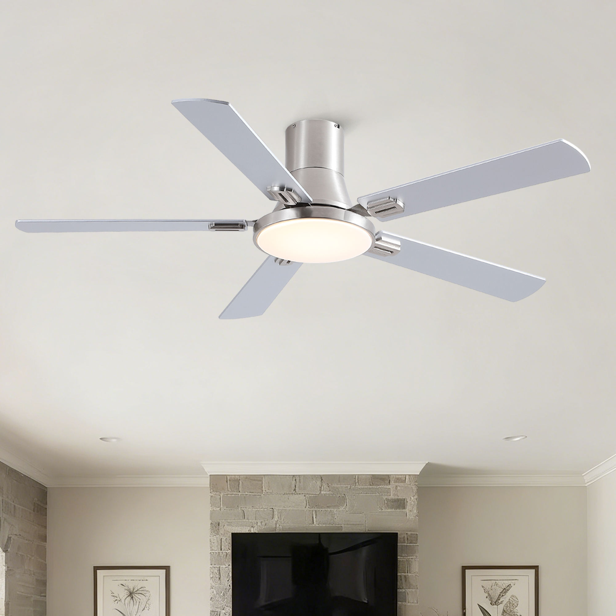 52 inch Mordern Brushed Nickel Flush Mount Ceiling Fan with Light and Remote Control - Image 3