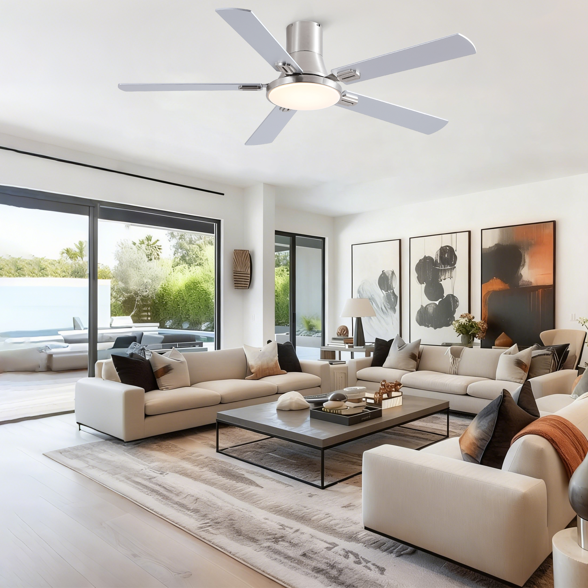 52 inch Mordern Brushed Nickel Flush Mount Ceiling Fan with Light and Remote Control - Image 4