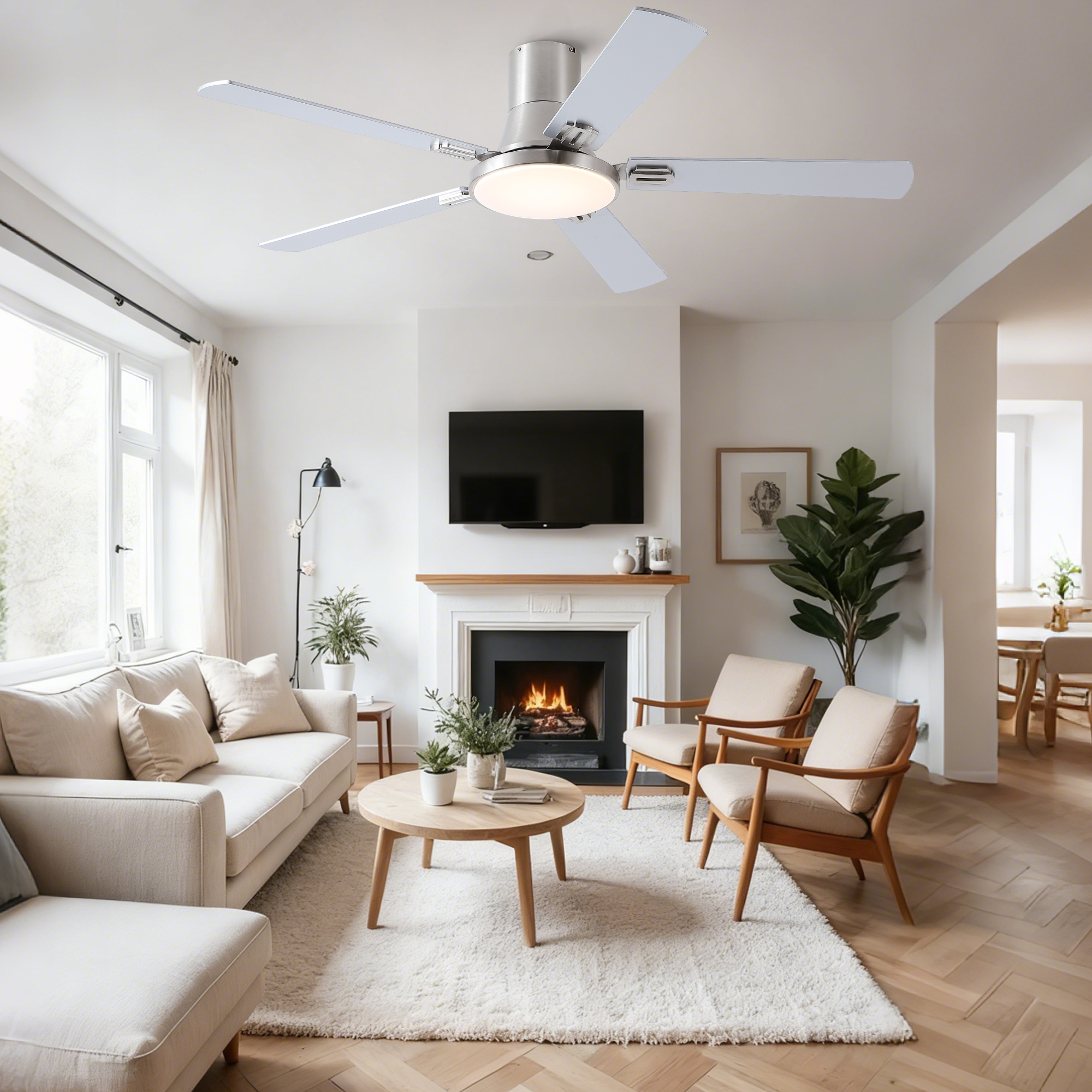 52 inch Mordern Brushed Nickel Flush Mount Ceiling Fan with Light and Remote Control - Image 5