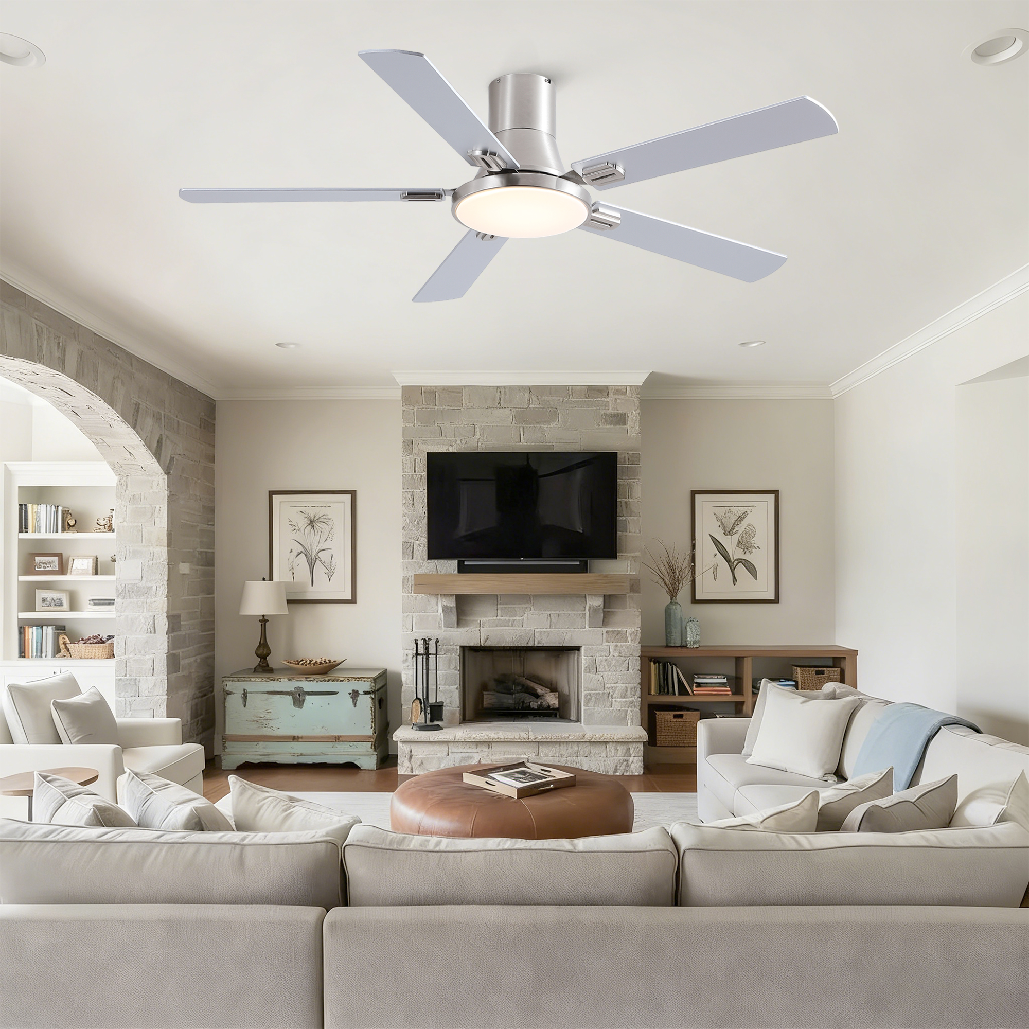 52 inch Mordern Brushed Nickel Flush Mount Ceiling Fan with Light and Remote Control - Image 6