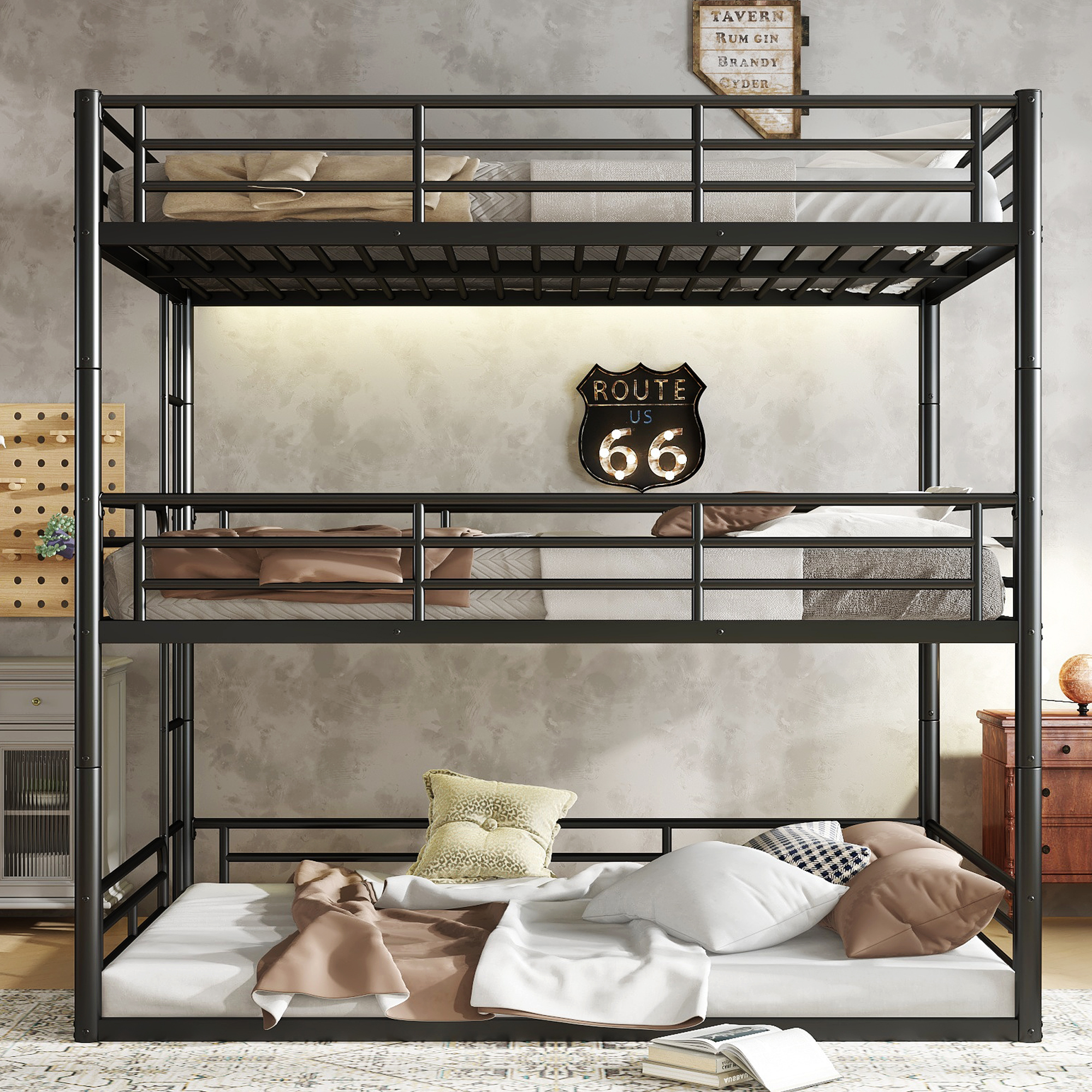 Full over Full over Full Bunk Bed, Metal Triple Bunk Bed with Safety Guardrails, Heavy-duty Bunk Bed with Noise-reduced Design, Black - Image 2
