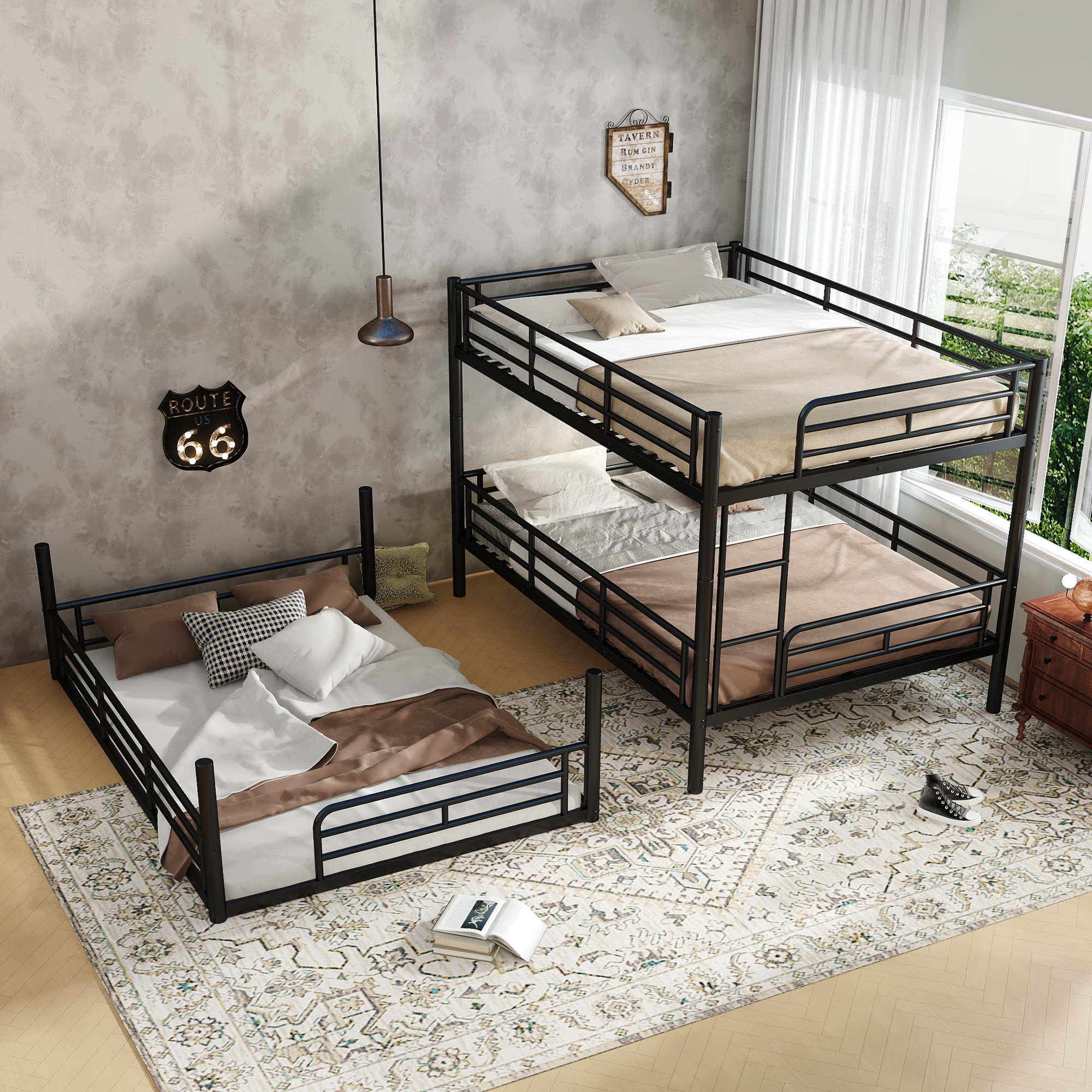 Full over Full over Full Bunk Bed, Metal Triple Bunk Bed with Safety Guardrails, Heavy-duty Bunk Bed with Noise-reduced Design, Black - Image 3