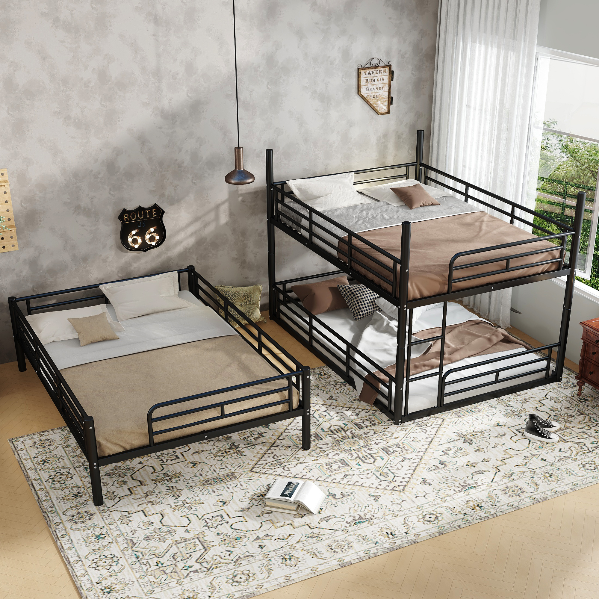 Full over Full over Full Bunk Bed, Metal Triple Bunk Bed with Safety Guardrails, Heavy-duty Bunk Bed with Noise-reduced Design, Black - Image 4