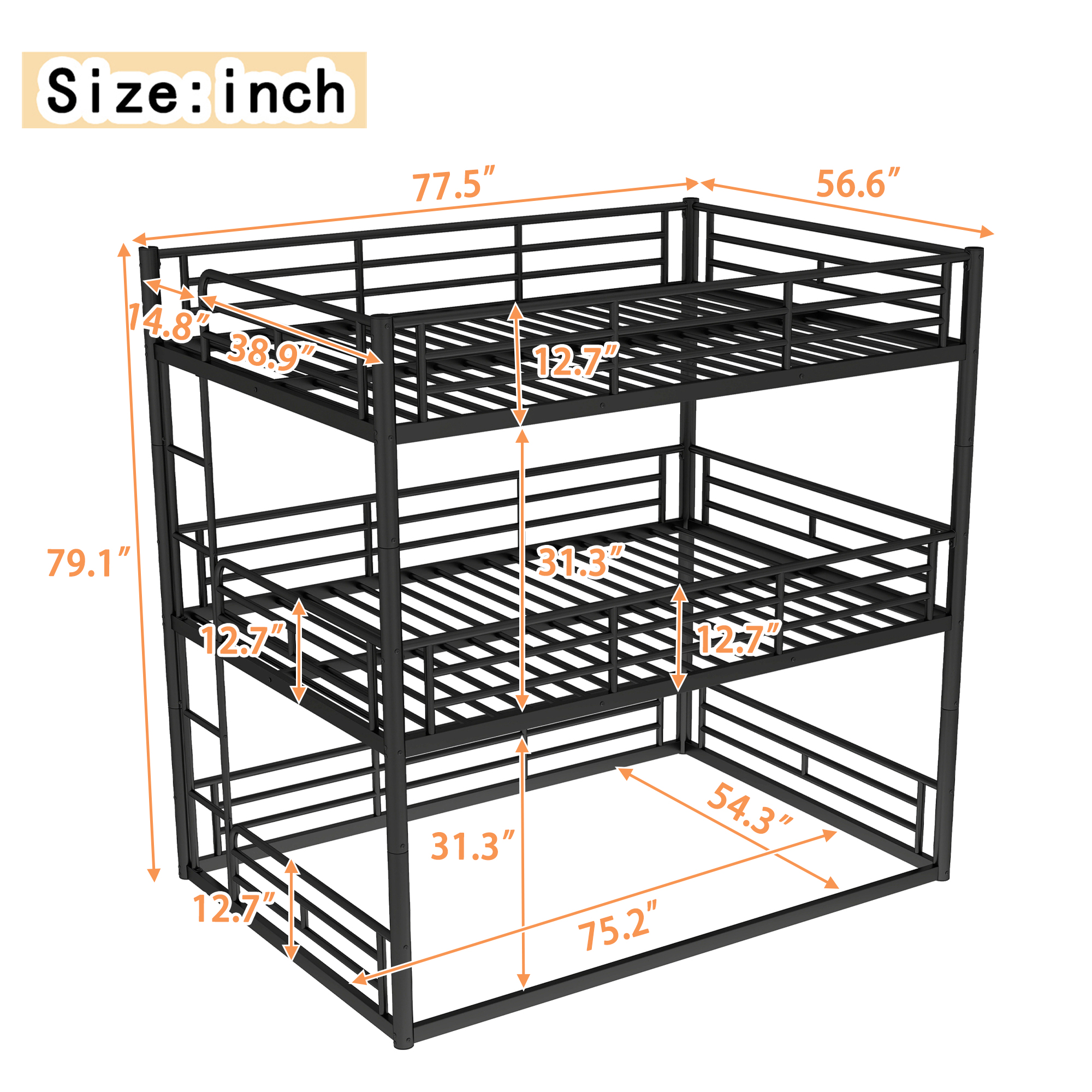 Full over Full over Full Bunk Bed, Metal Triple Bunk Bed with Safety Guardrails, Heavy-duty Bunk Bed with Noise-reduced Design, Black - Image 5