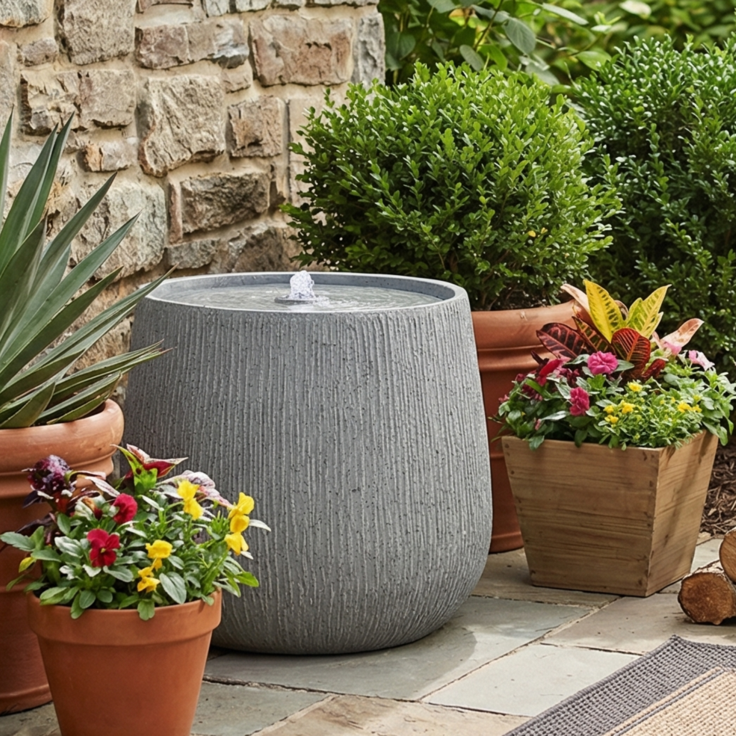 12.99"H Gray Polyresin Outdoor Water Fountain, Bowl-Shaped Water Feature with LED Light for Patio Deck Yard Decor - Image 2