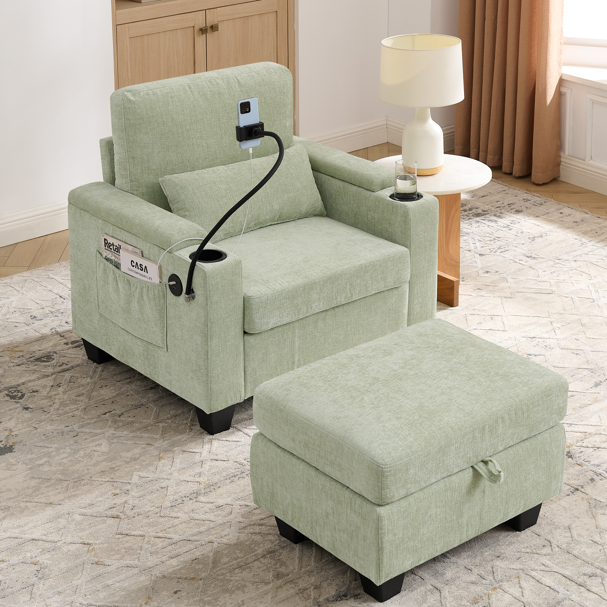 Single sofa recliner with manually adjustable backrest, USB charging port on the armrest side, phone stand included, hidden armrest storage, and a matching storage ottoman-Cyan - Image 2