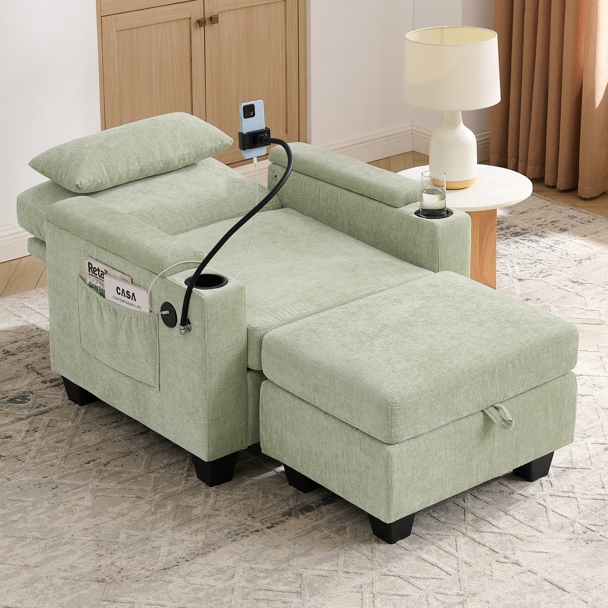 Single sofa recliner with manually adjustable backrest, USB charging port on the armrest side, phone stand included, hidden armrest storage, and a matching storage ottoman-Cyan - Image 3