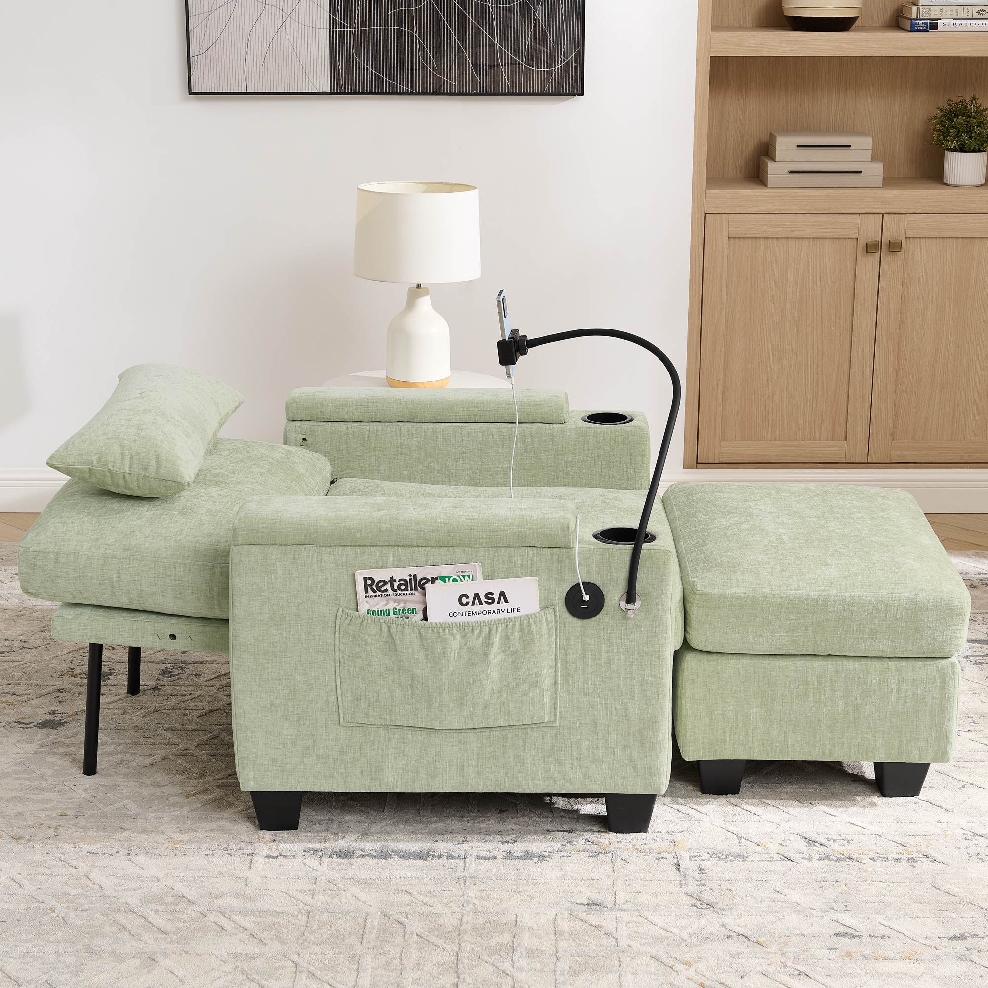 Single sofa recliner with manually adjustable backrest, USB charging port on the armrest side, phone stand included, hidden armrest storage, and a matching storage ottoman-Cyan - Image 4