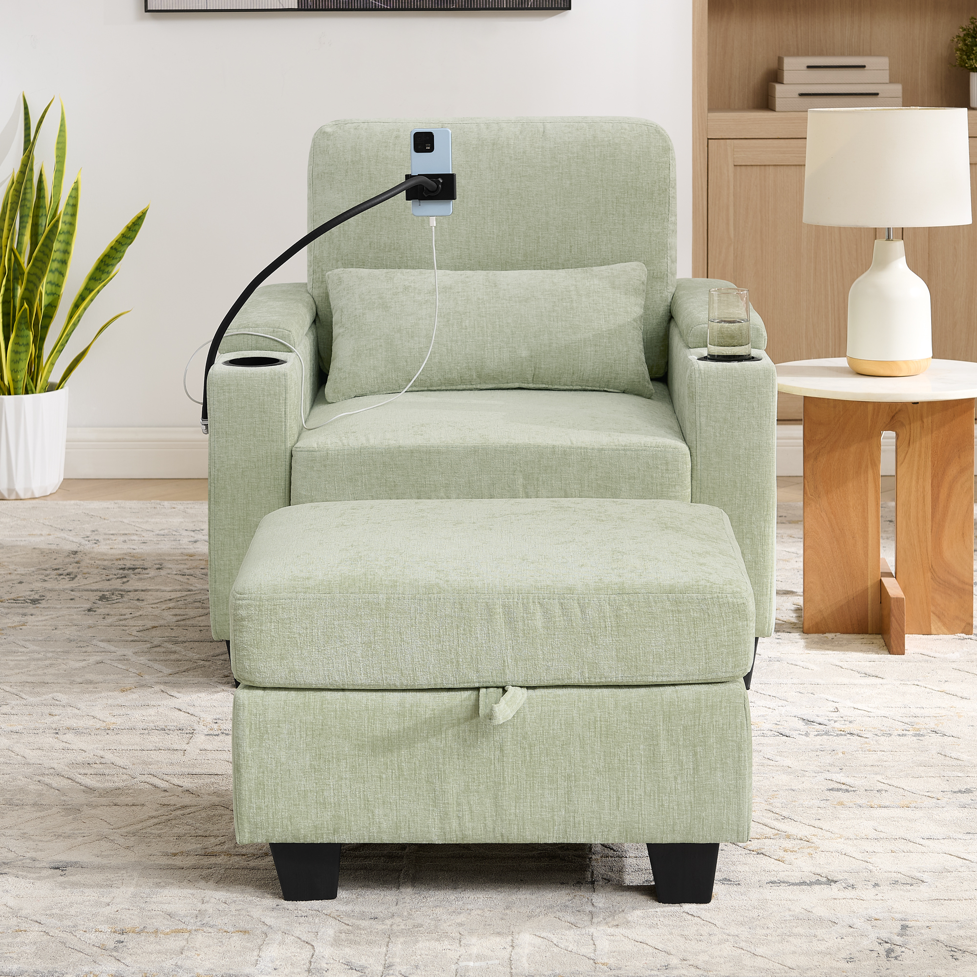 Single sofa recliner with manually adjustable backrest, USB charging port on the armrest side, phone stand included, hidden armrest storage, and a matching storage ottoman-Cyan - Image 5