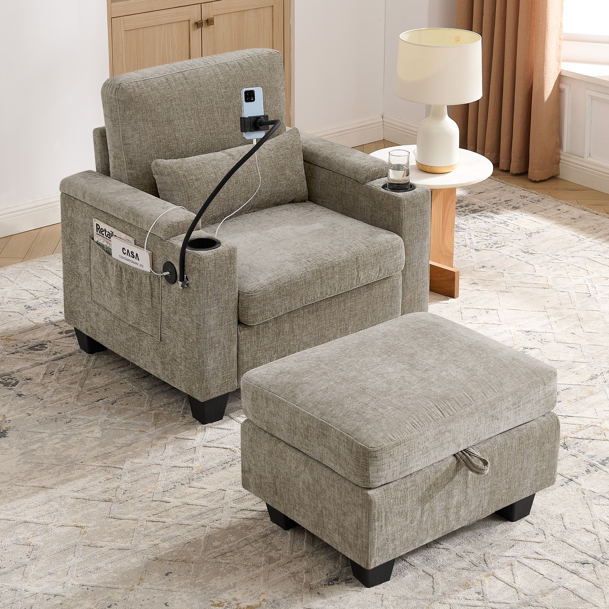 Single sofa recliner with manually adjustable backrest, USB charging port on the armrest side, phone stand included, hidden armrest storage, and a matching storage ottoman-Brown - Image 2