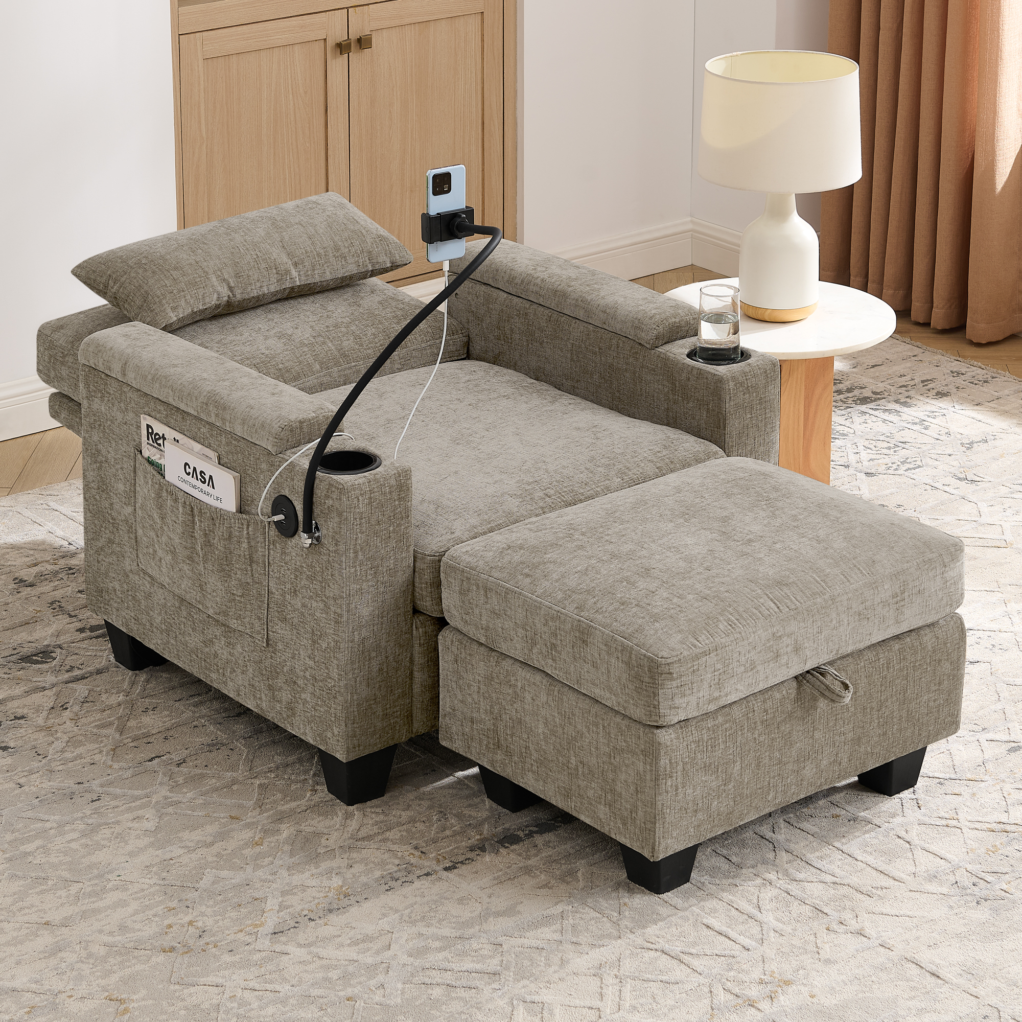 Single sofa recliner with manually adjustable backrest, USB charging port on the armrest side, phone stand included, hidden armrest storage, and a matching storage ottoman-Brown - Image 3