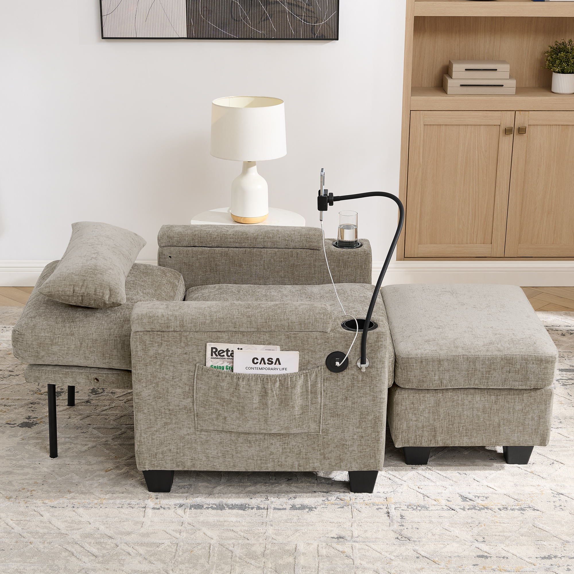 Single sofa recliner with manually adjustable backrest, USB charging port on the armrest side, phone stand included, hidden armrest storage, and a matching storage ottoman-Brown - Image 4