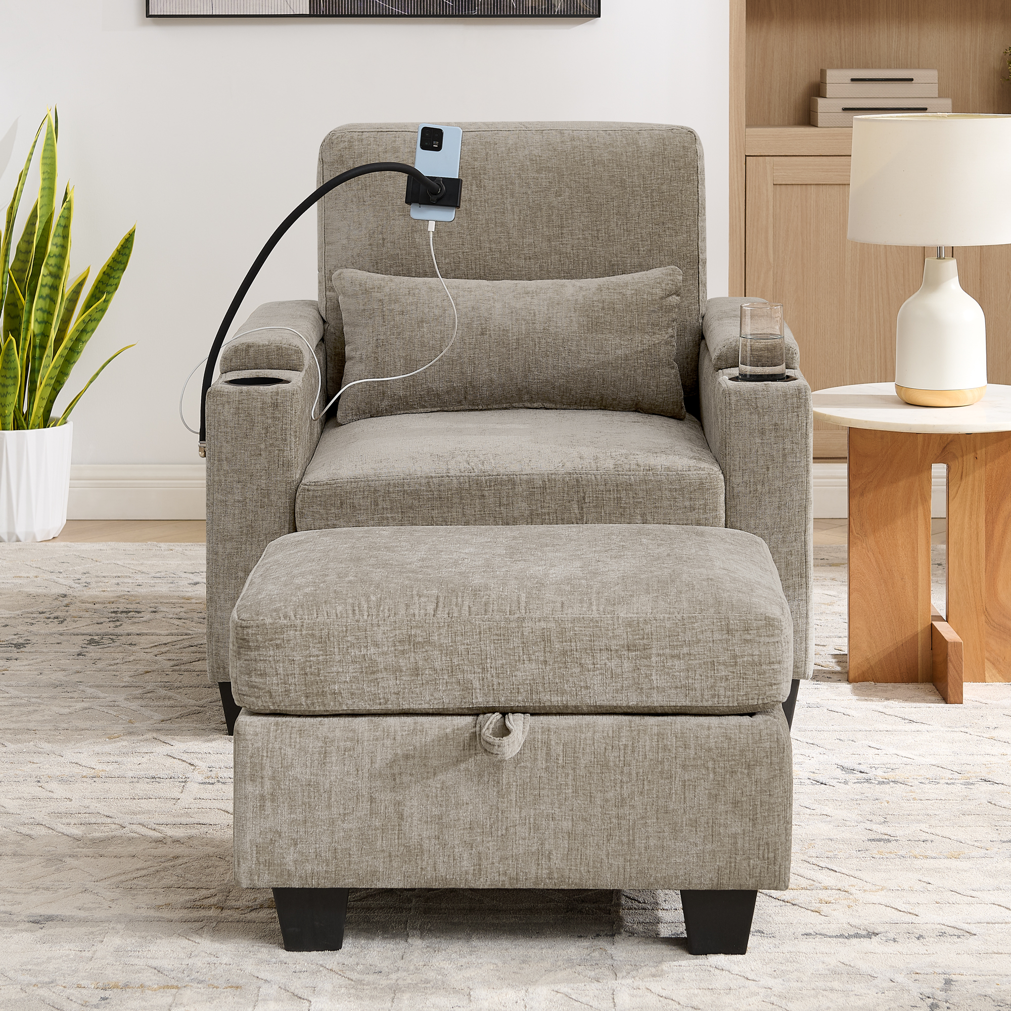 Single sofa recliner with manually adjustable backrest, USB charging port on the armrest side, phone stand included, hidden armrest storage, and a matching storage ottoman-Brown - Image 5