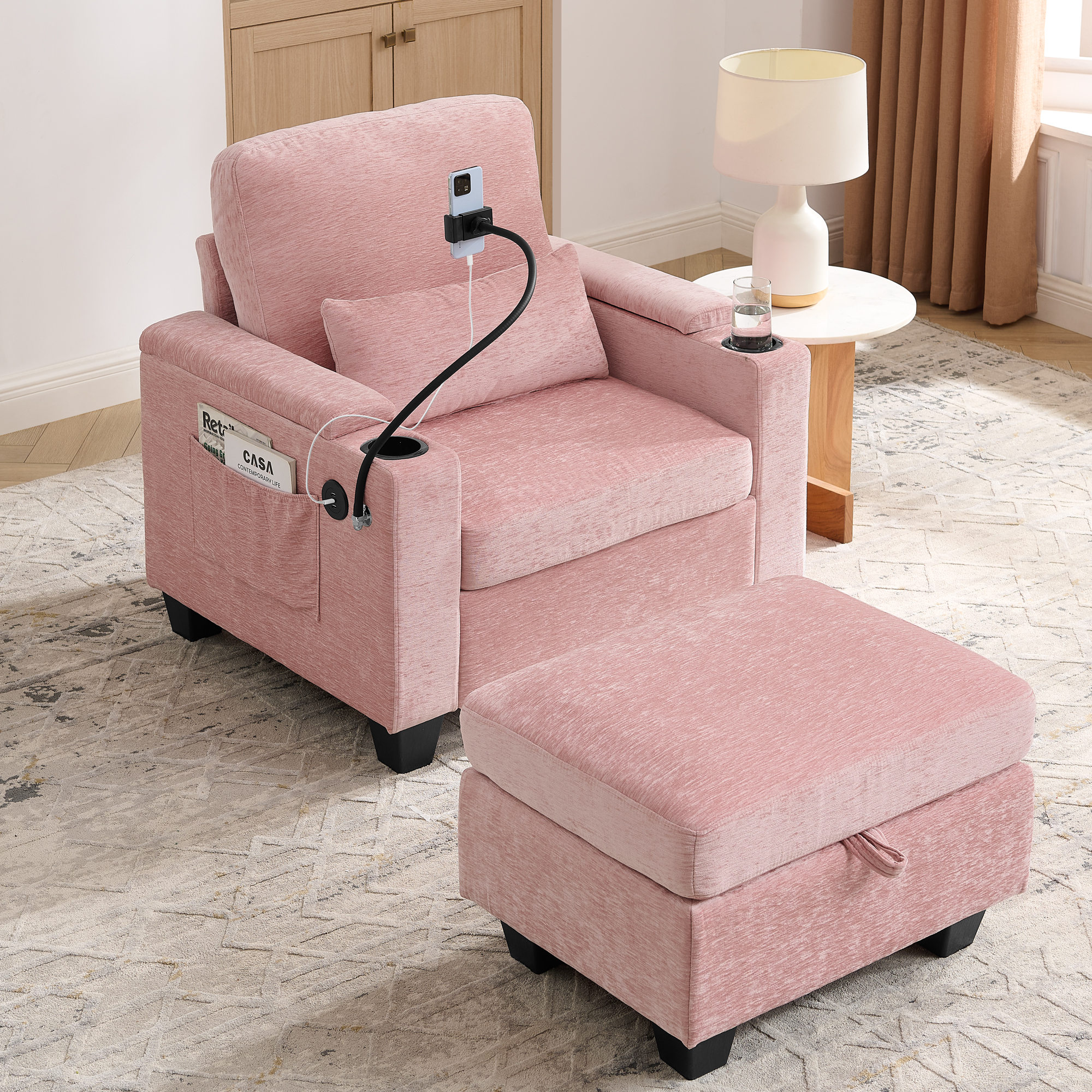 Single sofa recliner with manually adjustable backrest, USB charging port on the armrest side, phone stand included, hidden armrest storage, and a matching storage ottoman-Pink - Image 2