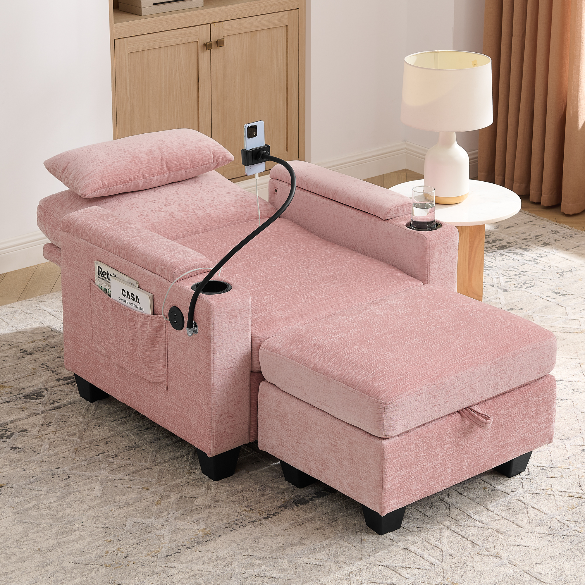 Single sofa recliner with manually adjustable backrest, USB charging port on the armrest side, phone stand included, hidden armrest storage, and a matching storage ottoman-Pink - Image 3