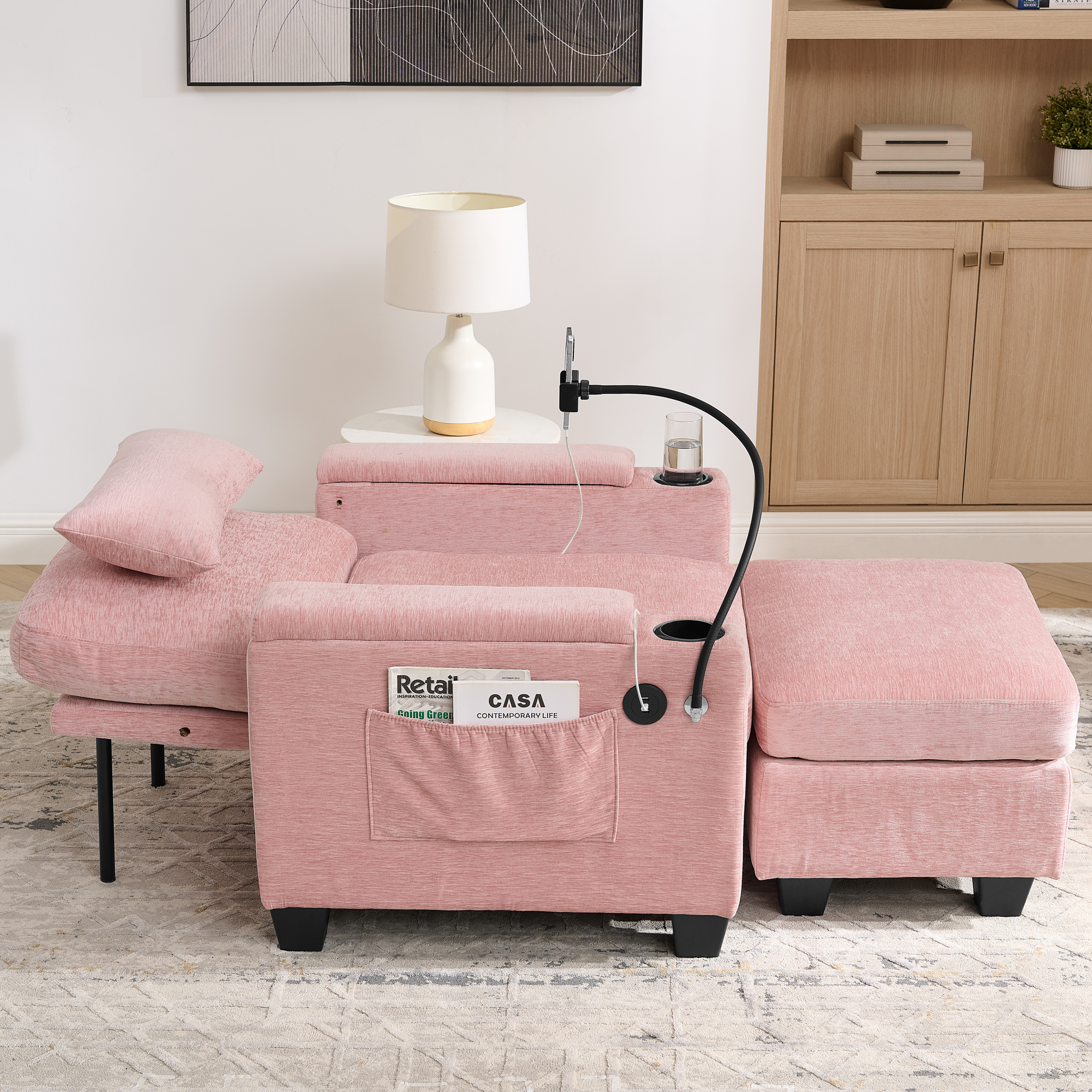 Single sofa recliner with manually adjustable backrest, USB charging port on the armrest side, phone stand included, hidden armrest storage, and a matching storage ottoman-Pink - Image 4
