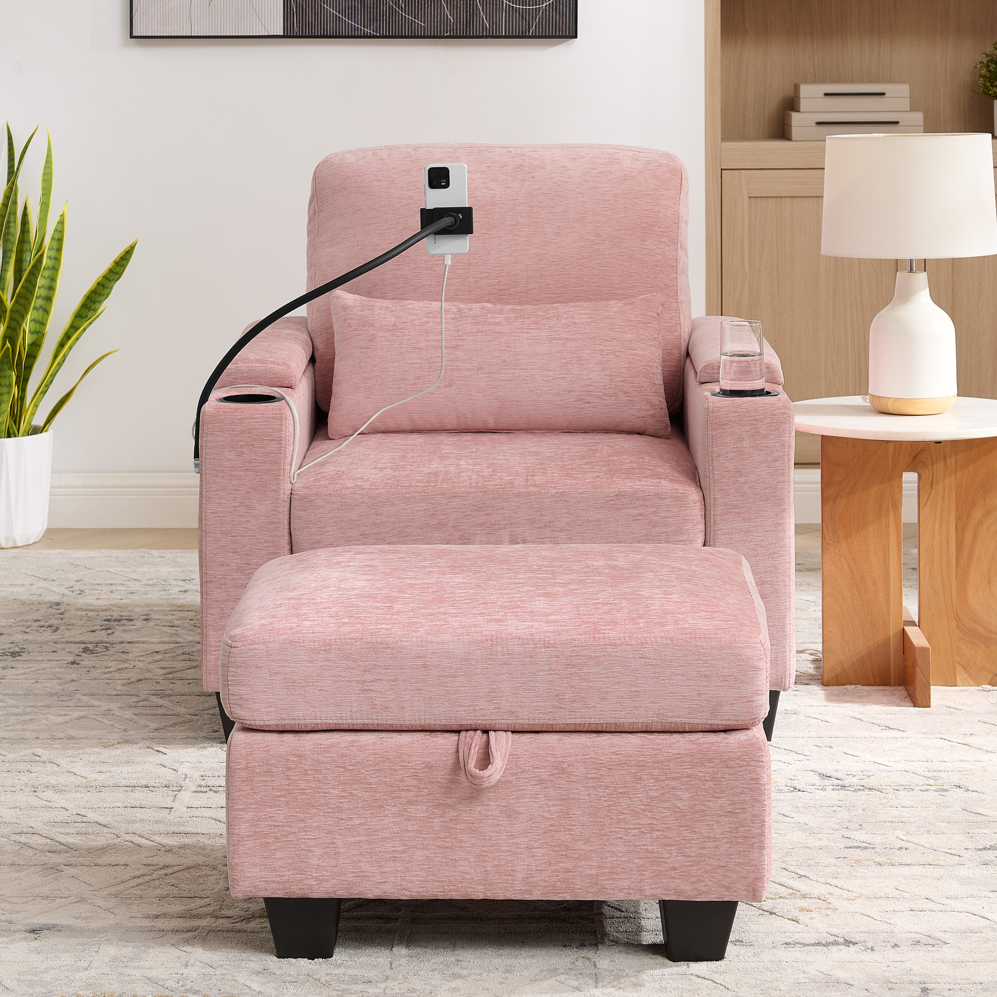 Single sofa recliner with manually adjustable backrest, USB charging port on the armrest side, phone stand included, hidden armrest storage, and a matching storage ottoman-Pink - Image 5