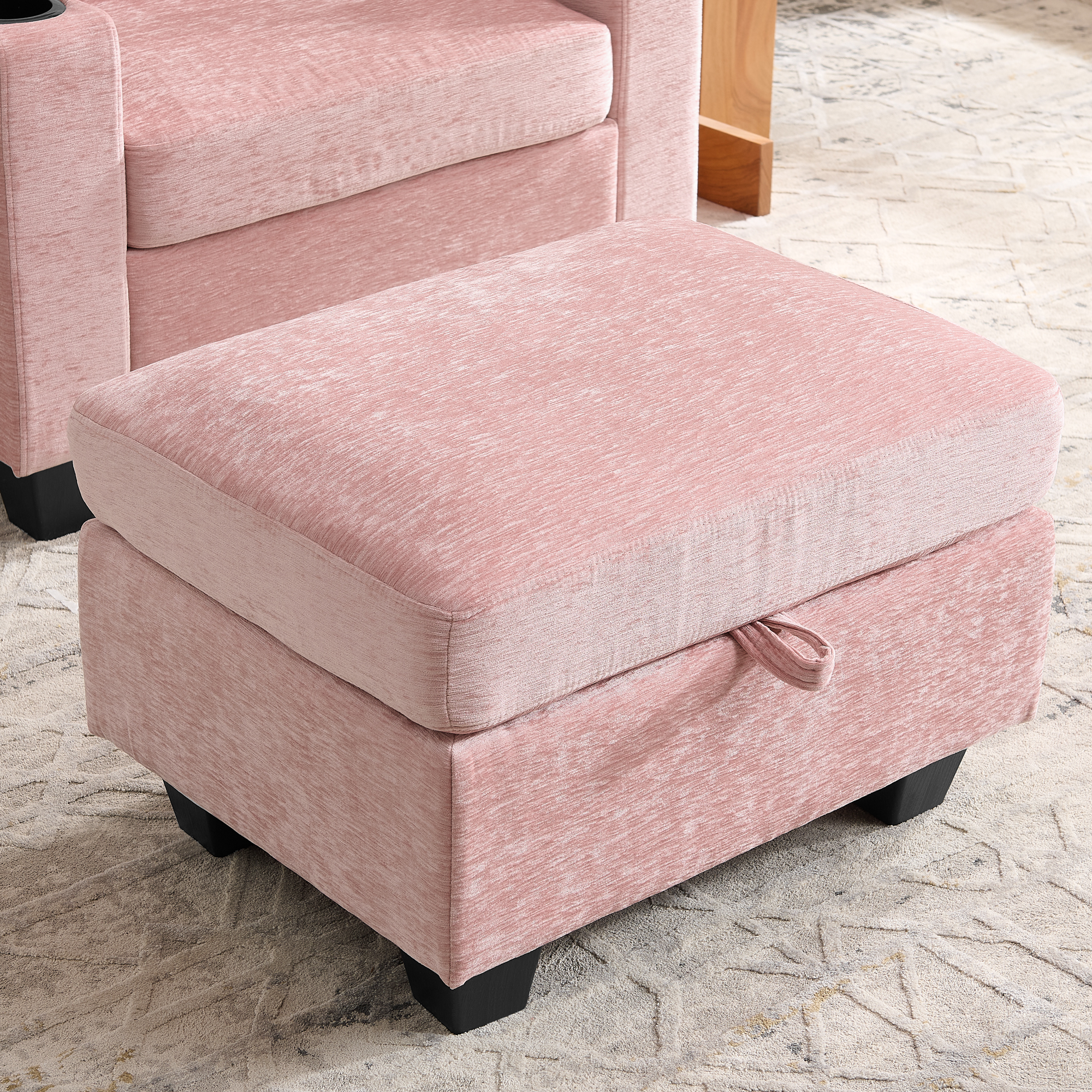 Single sofa recliner with manually adjustable backrest, USB charging port on the armrest side, phone stand included, hidden armrest storage, and a matching storage ottoman-Pink - Image 6