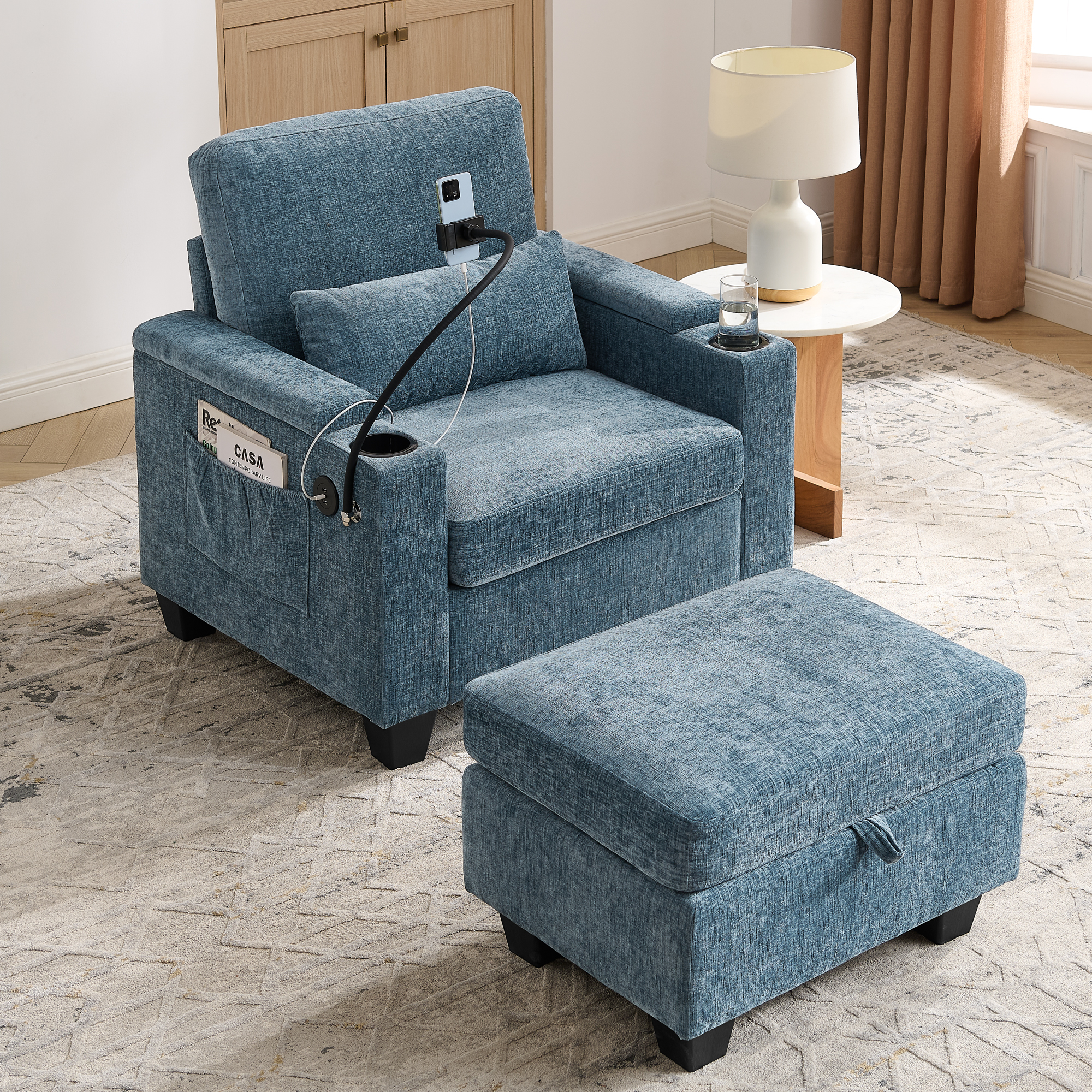 Single sofa recliner with manually adjustable backrest, USB charging port on the armrest side, phone stand included, hidden armrest storage, and a matching storage ottoman-Blue - Image 2
