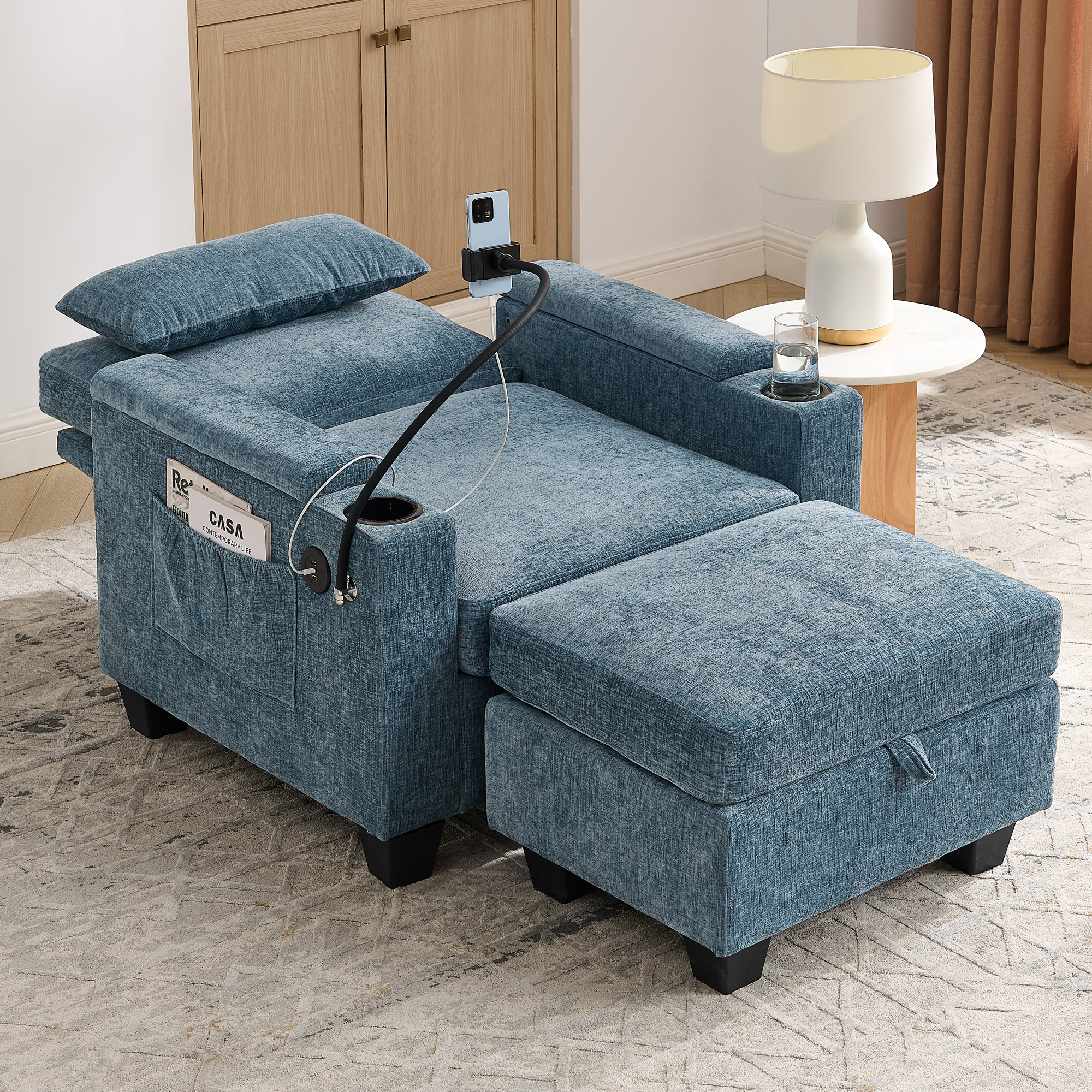 Single sofa recliner with manually adjustable backrest, USB charging port on the armrest side, phone stand included, hidden armrest storage, and a matching storage ottoman-Blue - Image 3