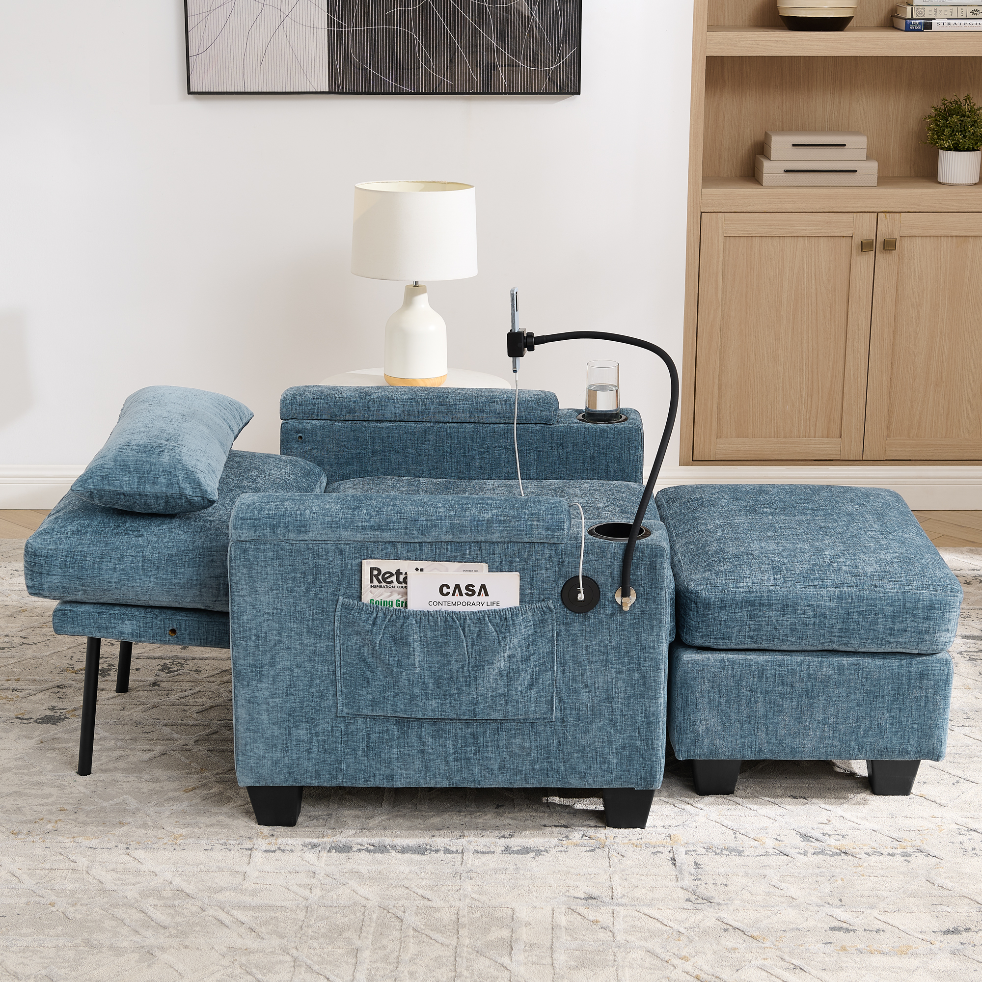 Single sofa recliner with manually adjustable backrest, USB charging port on the armrest side, phone stand included, hidden armrest storage, and a matching storage ottoman-Blue - Image 4