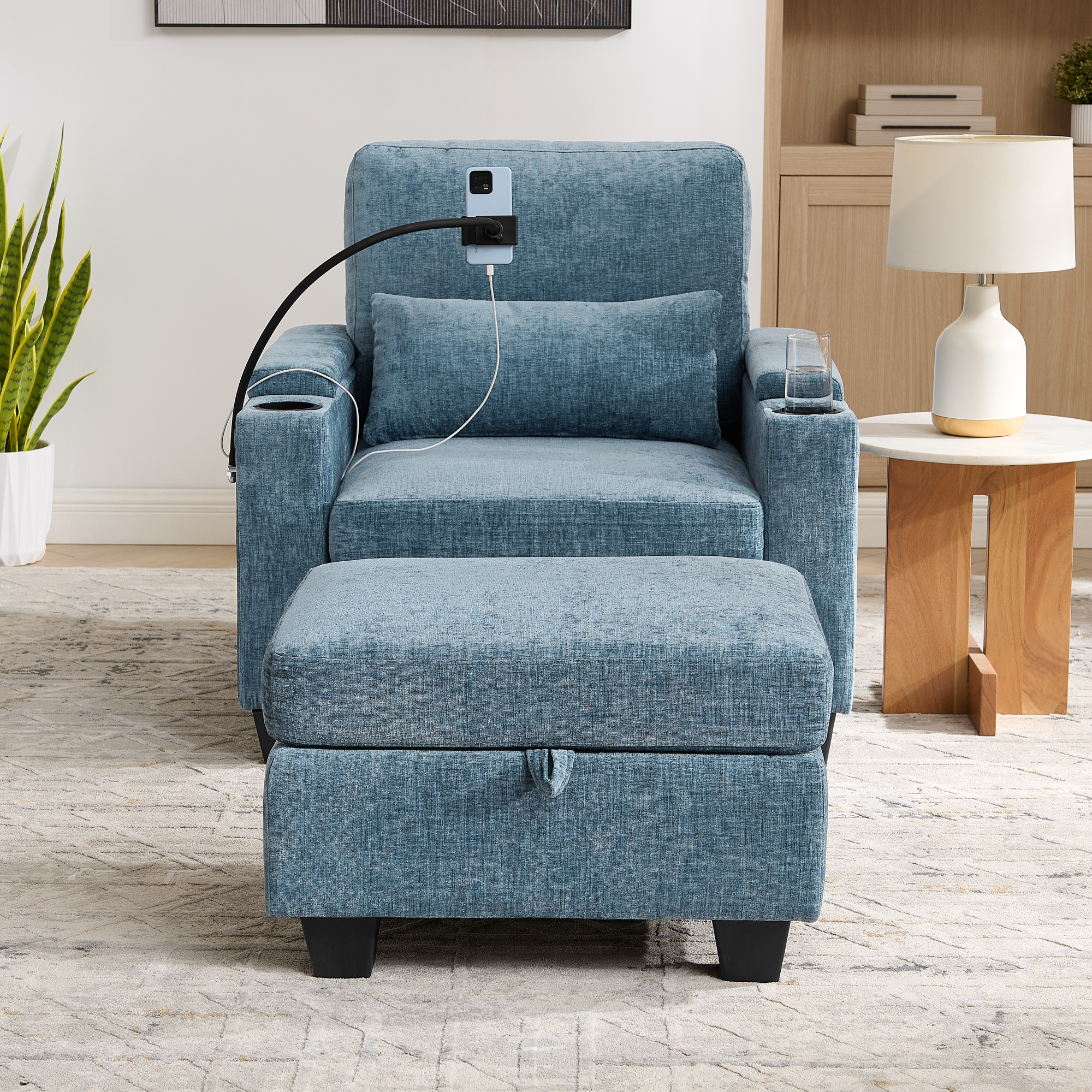 Single sofa recliner with manually adjustable backrest, USB charging port on the armrest side, phone stand included, hidden armrest storage, and a matching storage ottoman-Blue - Image 5