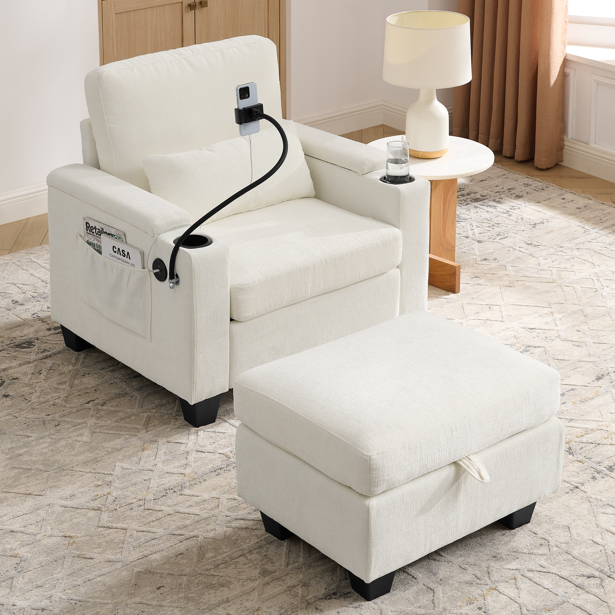 Single sofa recliner with manually adjustable backrest, USB charging port on the armrest side, phone stand included, hidden armrest storage, and a matching storage ottoman-Beige - Image 2