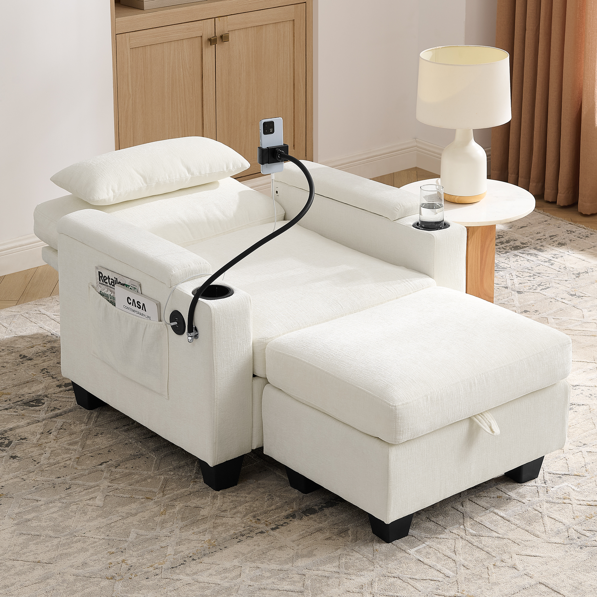 Single sofa recliner with manually adjustable backrest, USB charging port on the armrest side, phone stand included, hidden armrest storage, and a matching storage ottoman-Beige - Image 3