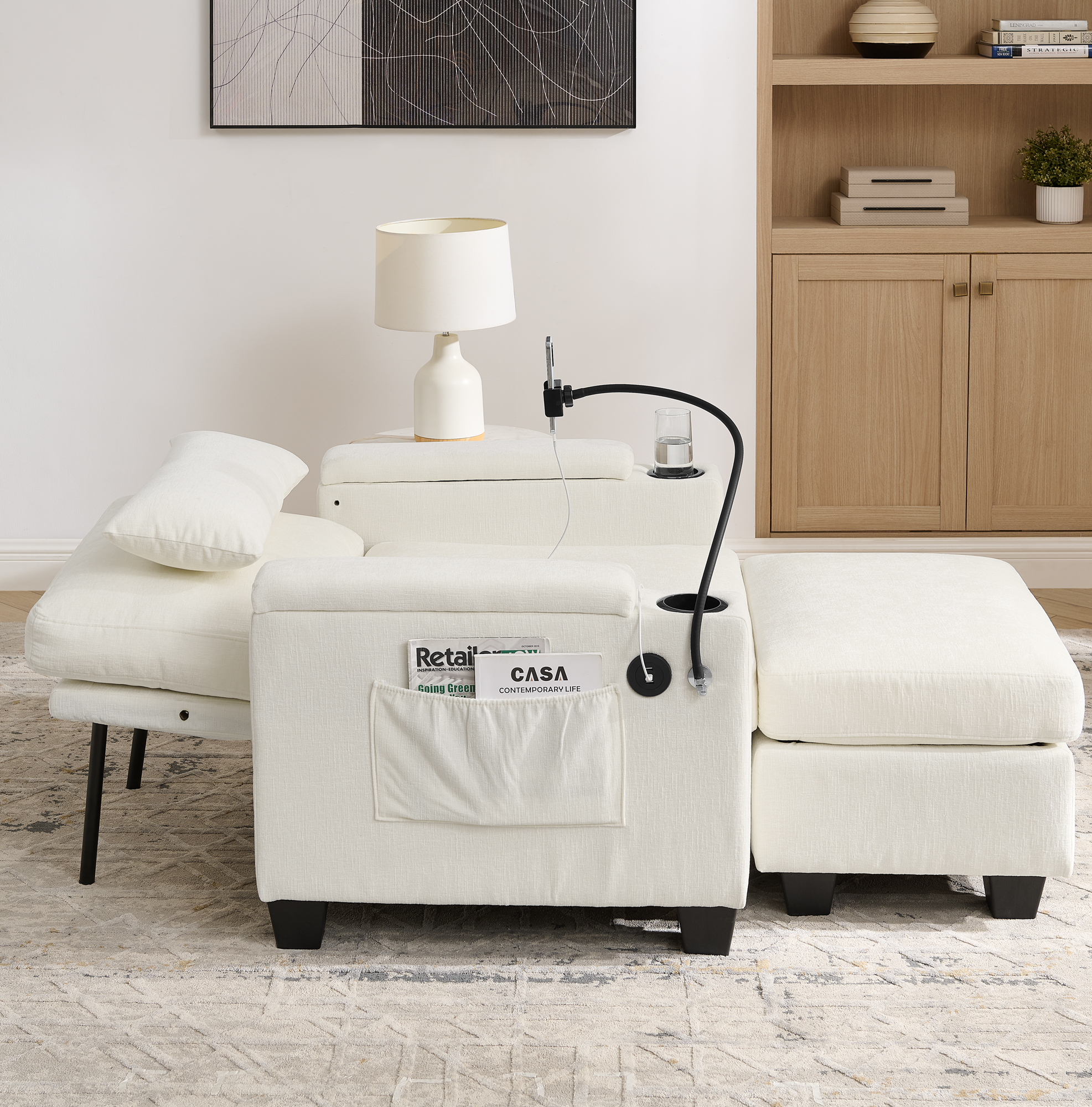 Single sofa recliner with manually adjustable backrest, USB charging port on the armrest side, phone stand included, hidden armrest storage, and a matching storage ottoman-Beige - Image 4