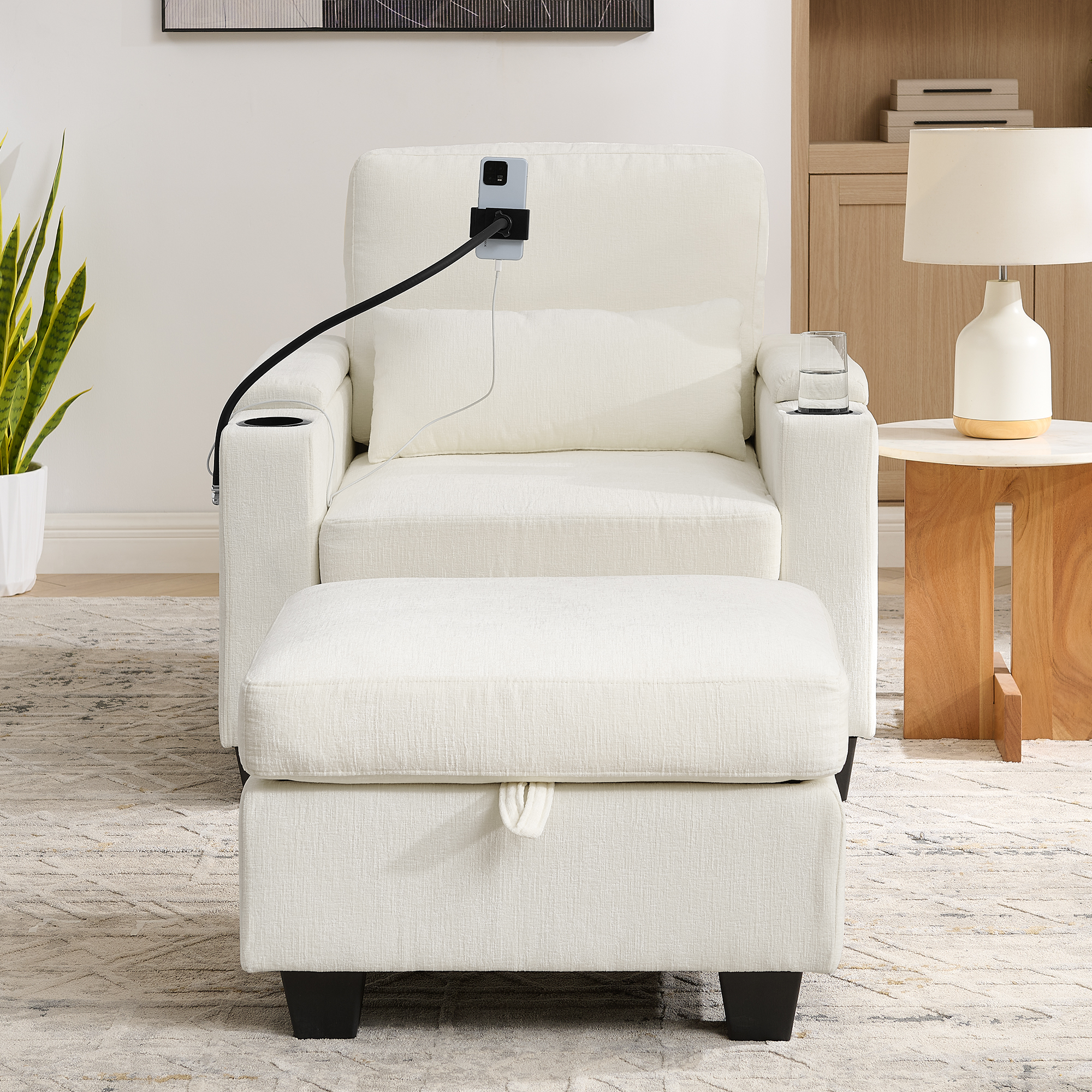 Single sofa recliner with manually adjustable backrest, USB charging port on the armrest side, phone stand included, hidden armrest storage, and a matching storage ottoman-Beige - Image 5