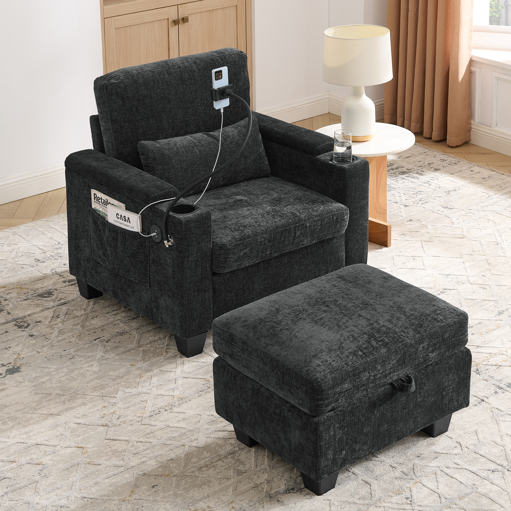 Single sofa recliner with manually adjustable backrest, USB charging port on the armrest side, phone stand included, hidden armrest storage, and a matching storage ottoman-Black - Image 2