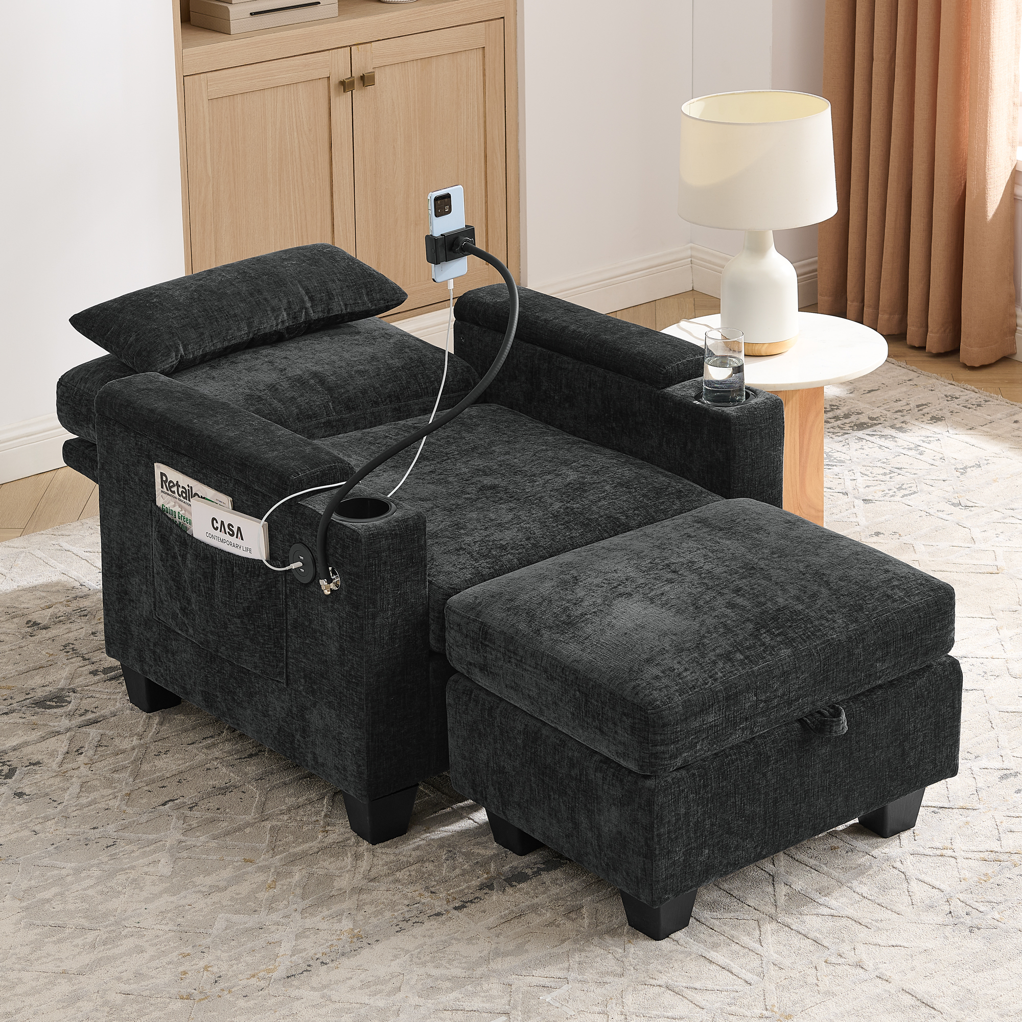 Single sofa recliner with manually adjustable backrest, USB charging port on the armrest side, phone stand included, hidden armrest storage, and a matching storage ottoman-Black - Image 3