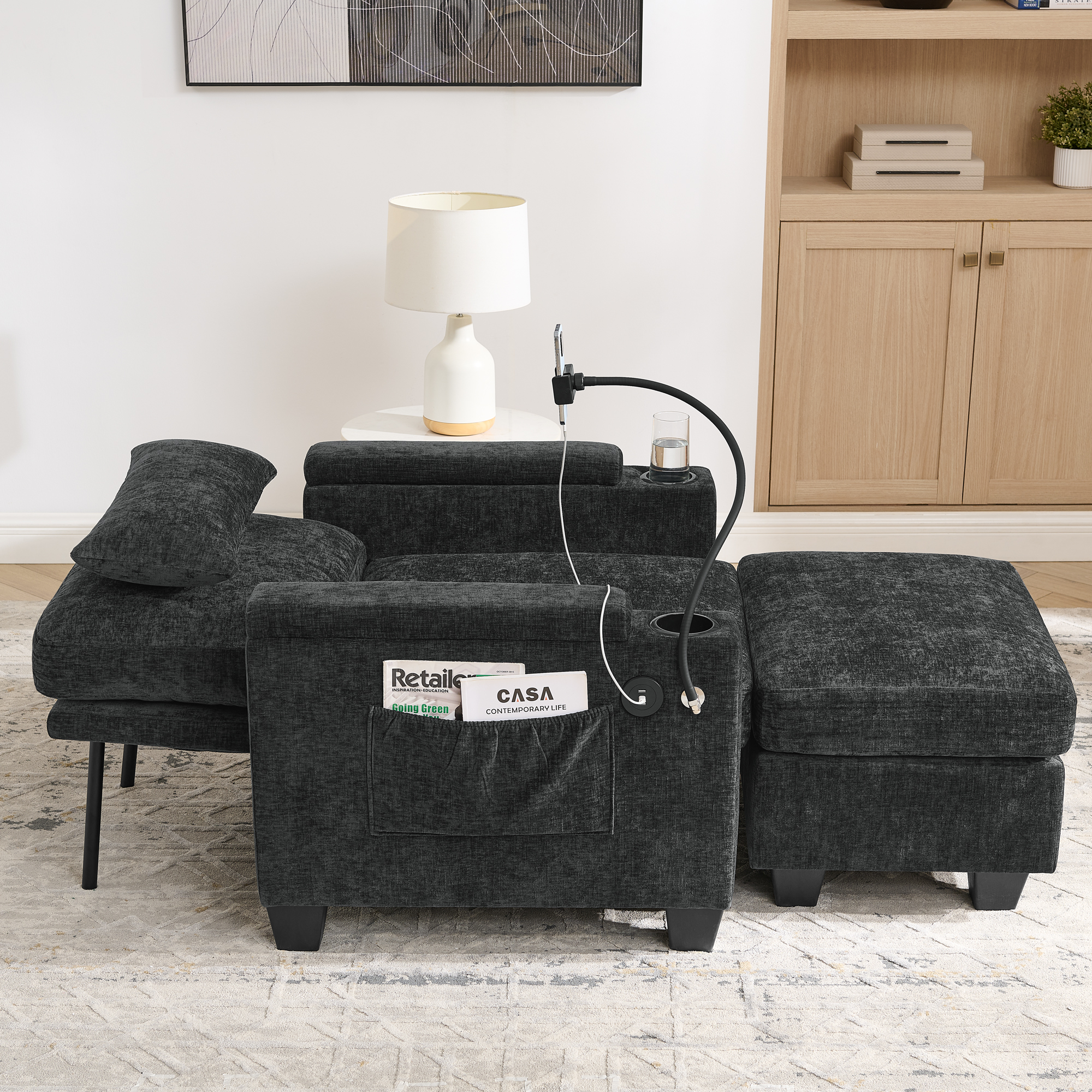 Single sofa recliner with manually adjustable backrest, USB charging port on the armrest side, phone stand included, hidden armrest storage, and a matching storage ottoman-Black - Image 4
