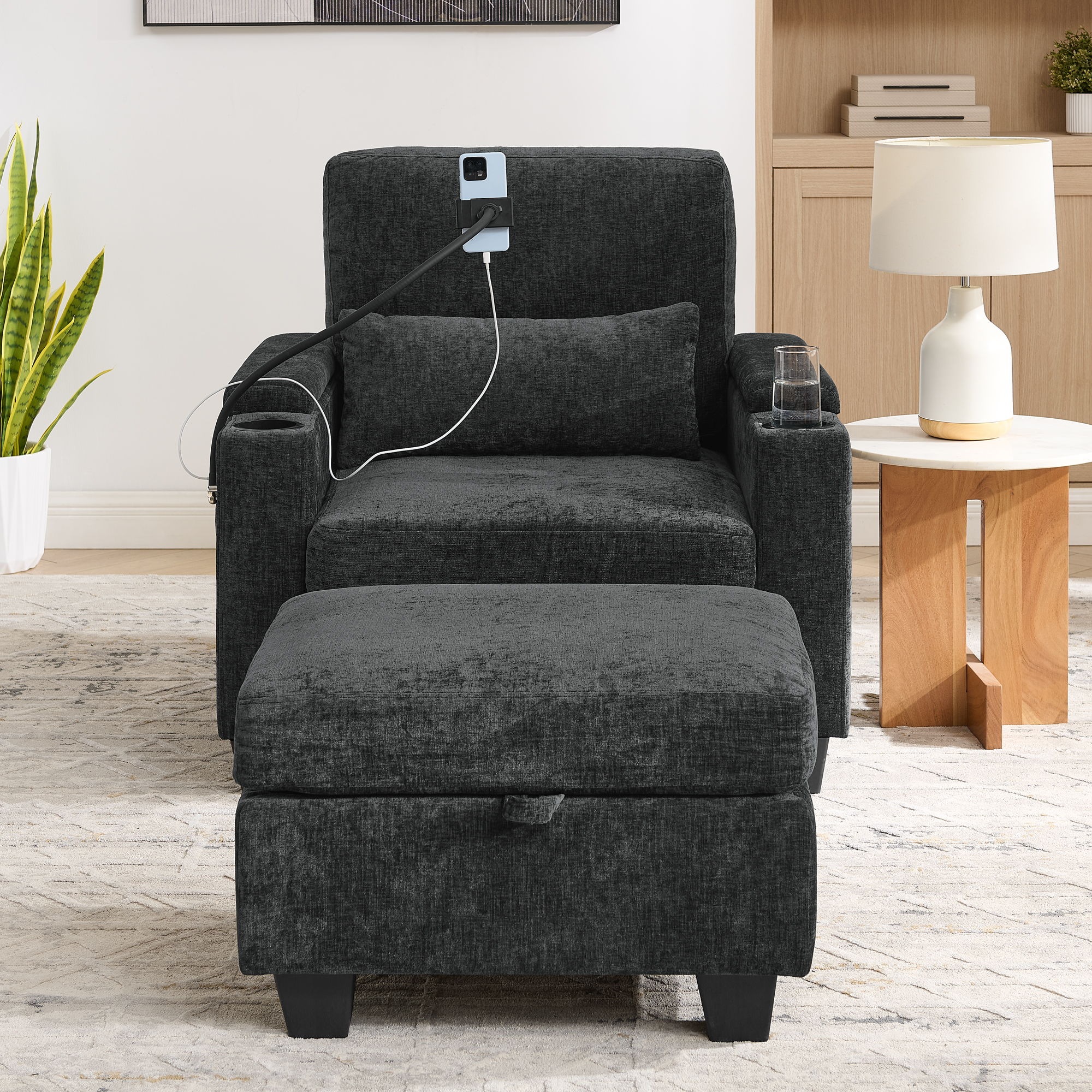 Single sofa recliner with manually adjustable backrest, USB charging port on the armrest side, phone stand included, hidden armrest storage, and a matching storage ottoman-Black - Image 5