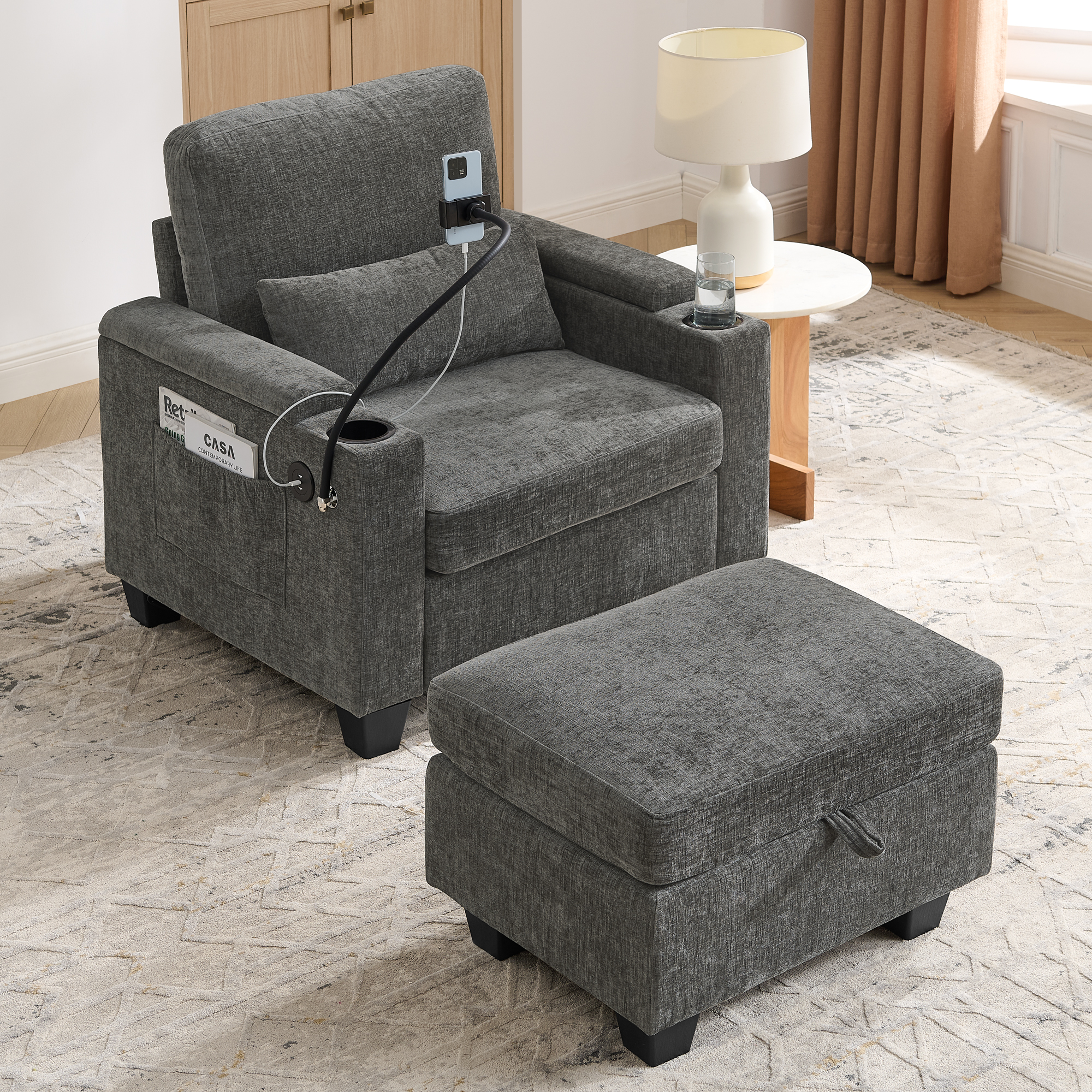 Single sofa recliner with manually adjustable backrest, USB charging port on the armrest side, phone stand included, hidden armrest storage, and a matching storage ottoman-Gray - Image 2