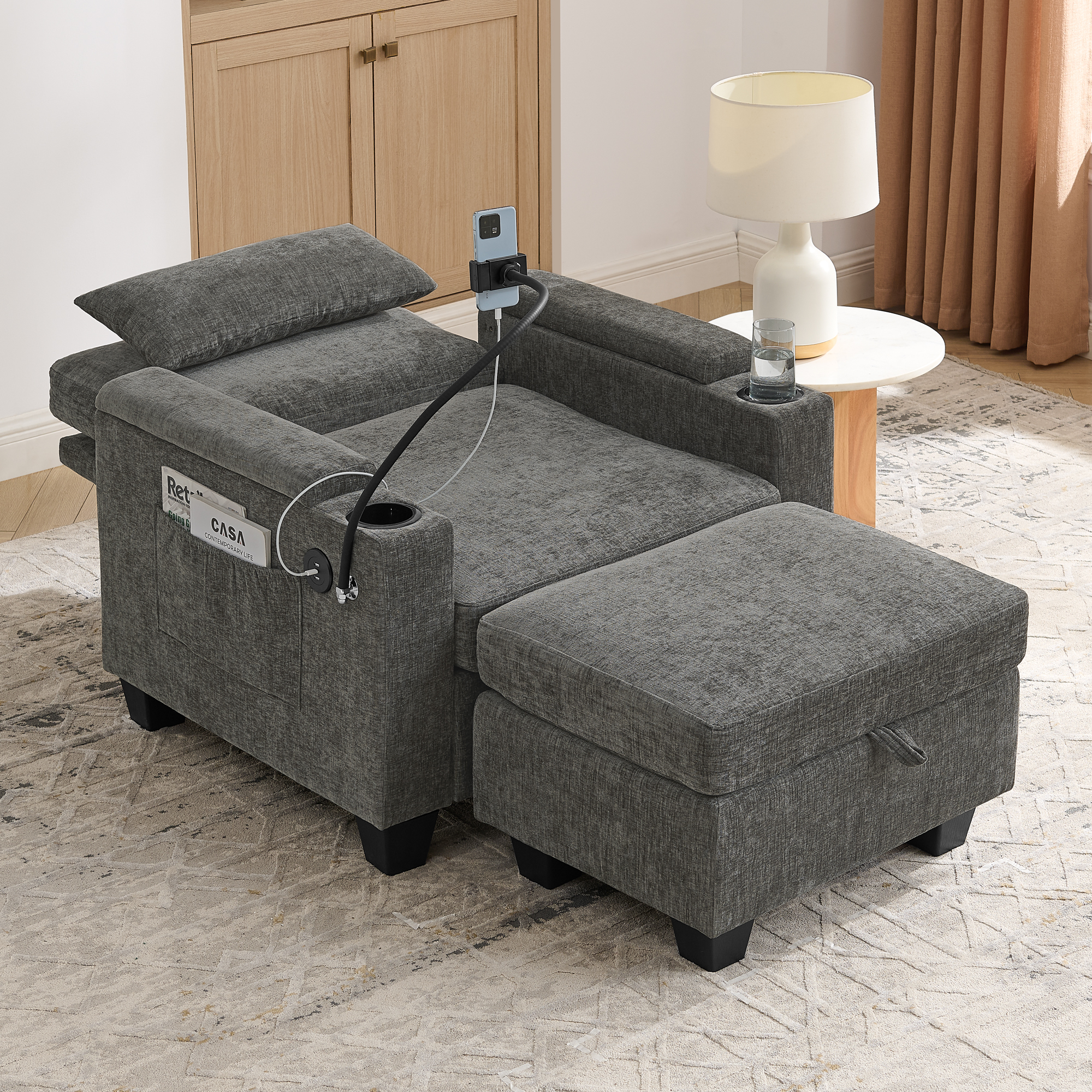 Single sofa recliner with manually adjustable backrest, USB charging port on the armrest side, phone stand included, hidden armrest storage, and a matching storage ottoman-Gray - Image 3