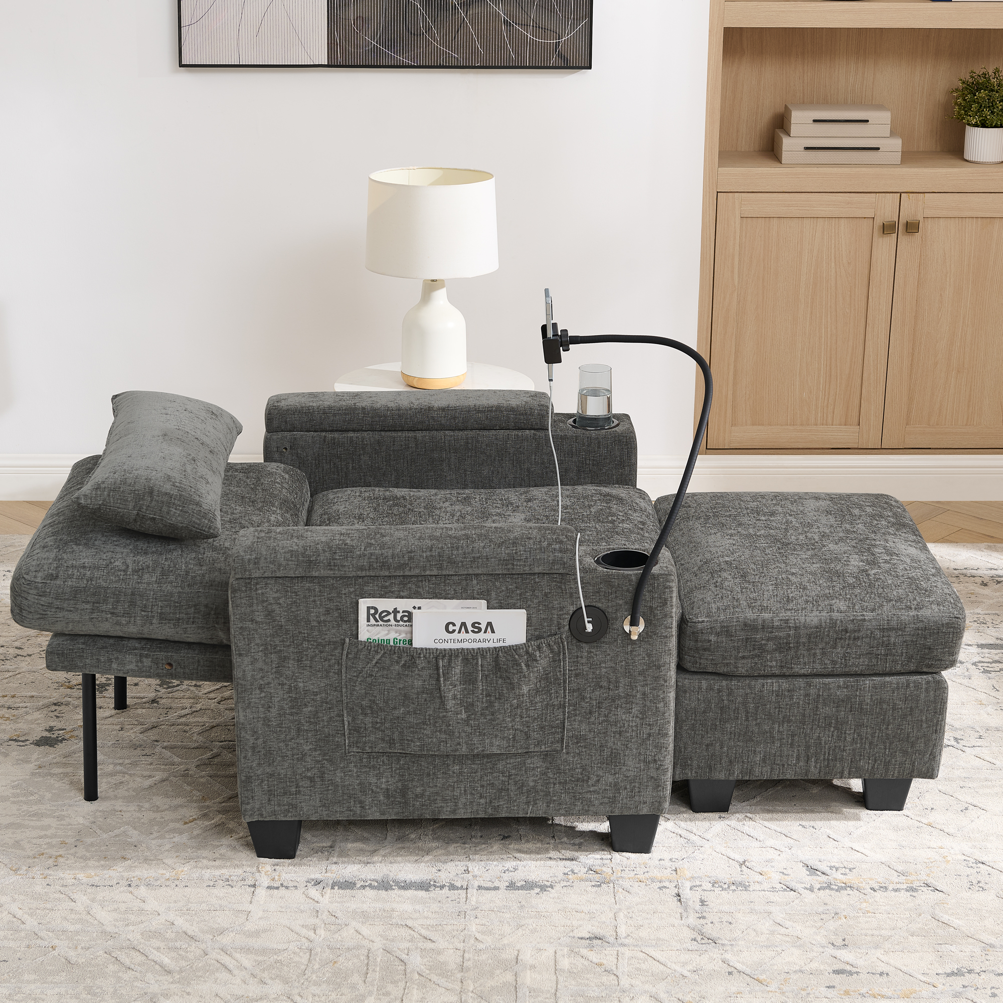 Single sofa recliner with manually adjustable backrest, USB charging port on the armrest side, phone stand included, hidden armrest storage, and a matching storage ottoman-Gray - Image 4