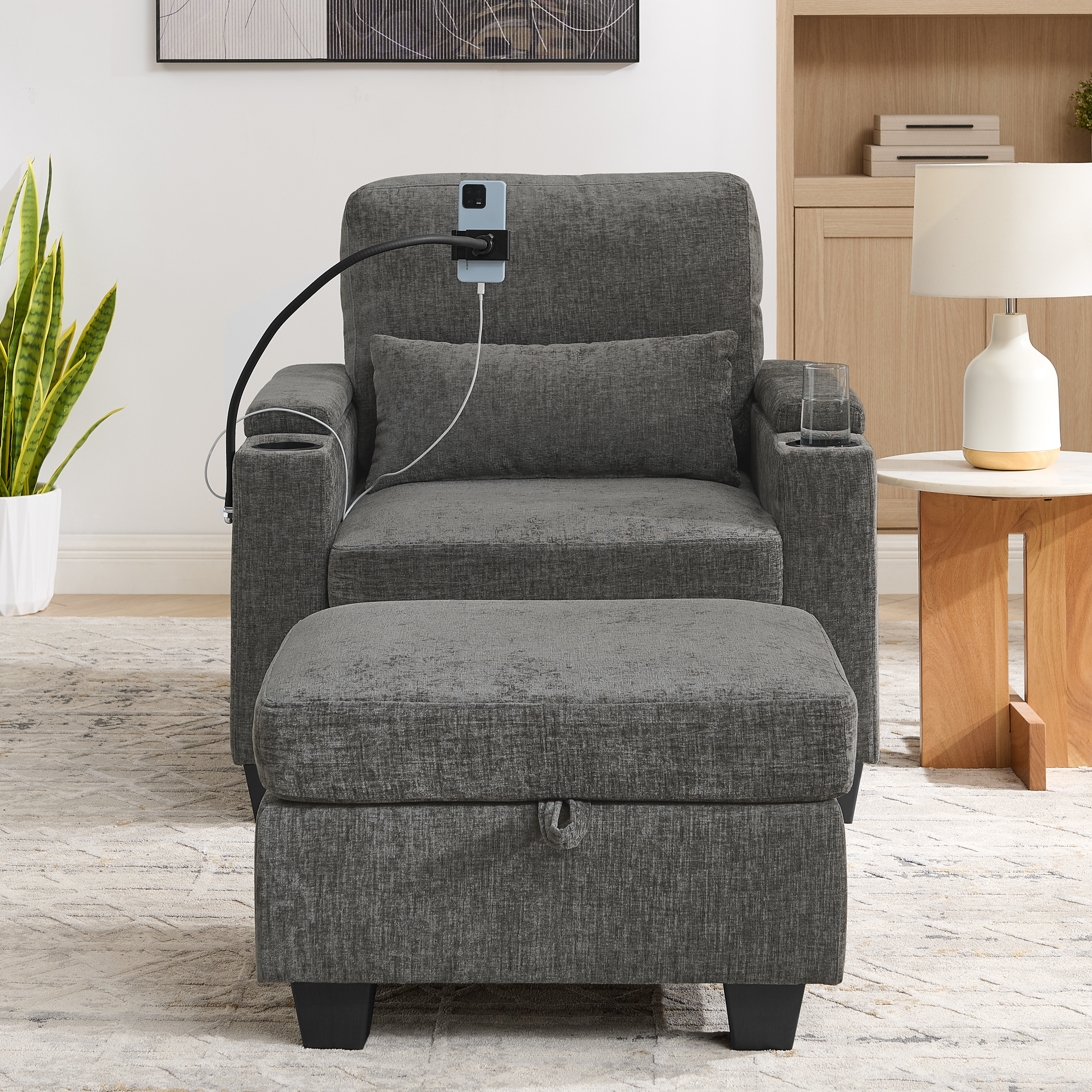 Single sofa recliner with manually adjustable backrest, USB charging port on the armrest side, phone stand included, hidden armrest storage, and a matching storage ottoman-Gray - Image 5