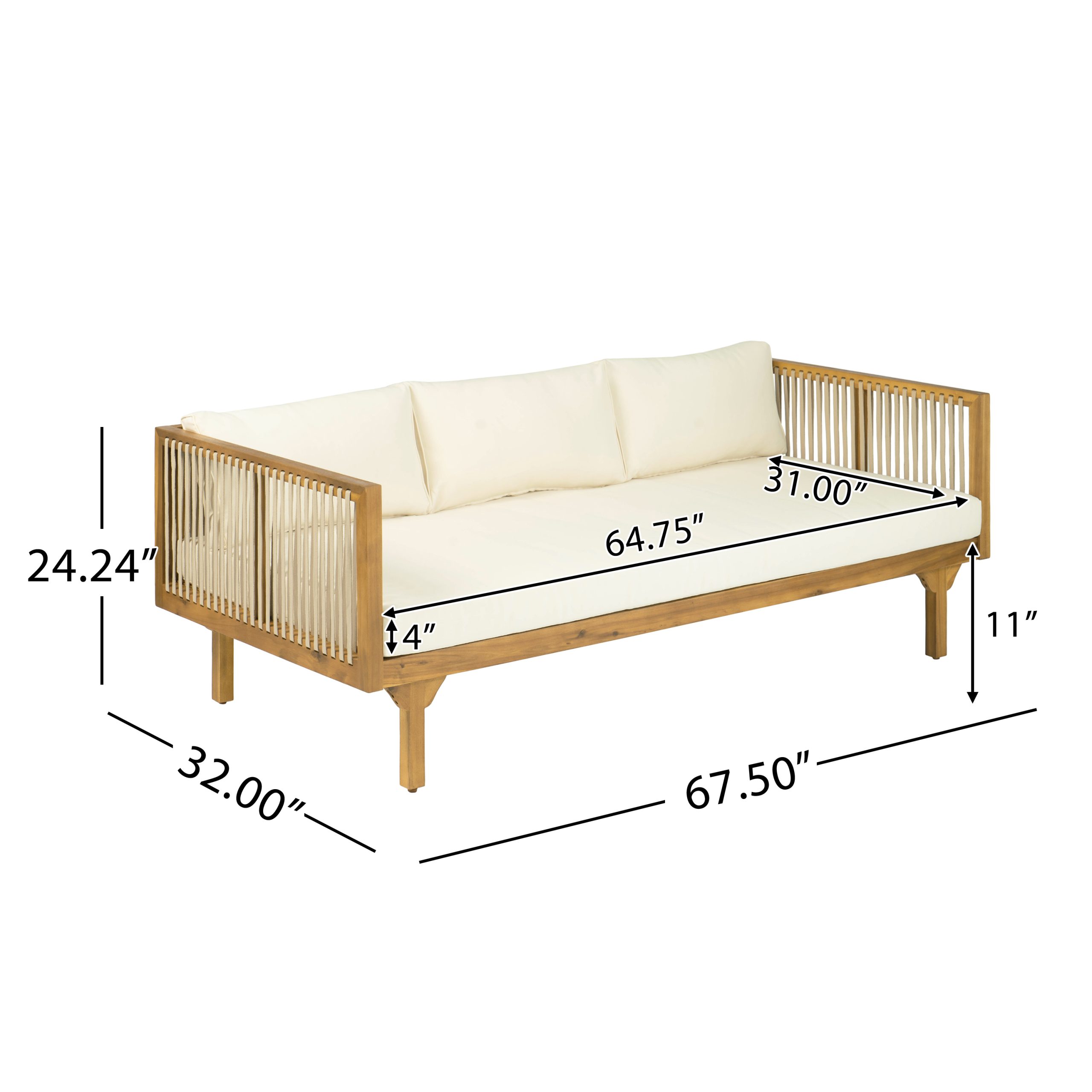 2-Piece Outdoor Patio Set: Sofa with Beige Cushions & Light Brown Rope Back + Round Acacia Wood Coffee Table, Teak Finish, Water Repellent, 600 lbs Sofa Capacity - Image 3