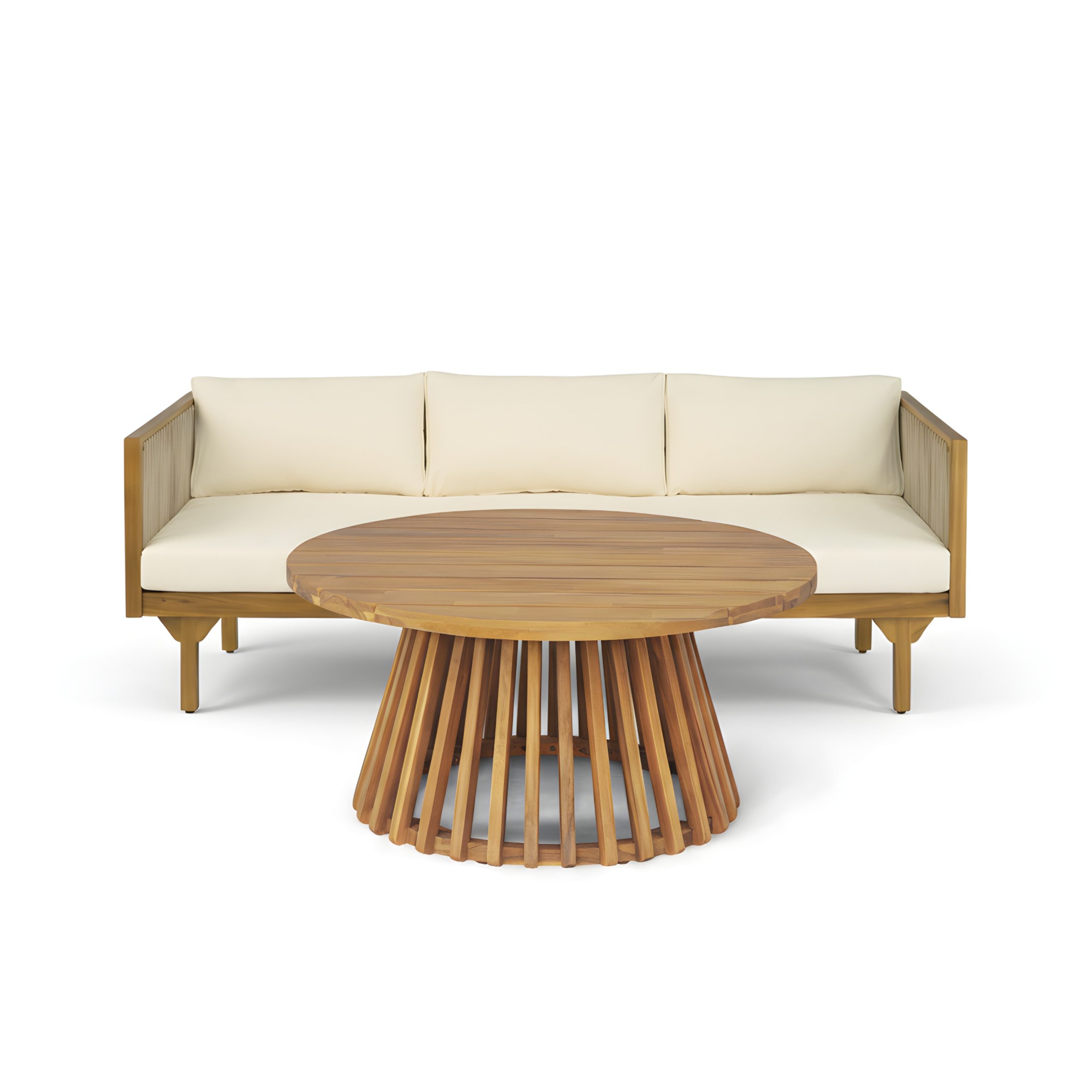 2-Piece Outdoor Patio Set: Sofa with Beige Cushions & Light Brown Rope Back + Round Acacia Wood Coffee Table, Teak Finish, Water Repellent, 600 lbs Sofa Capacity - Image 4